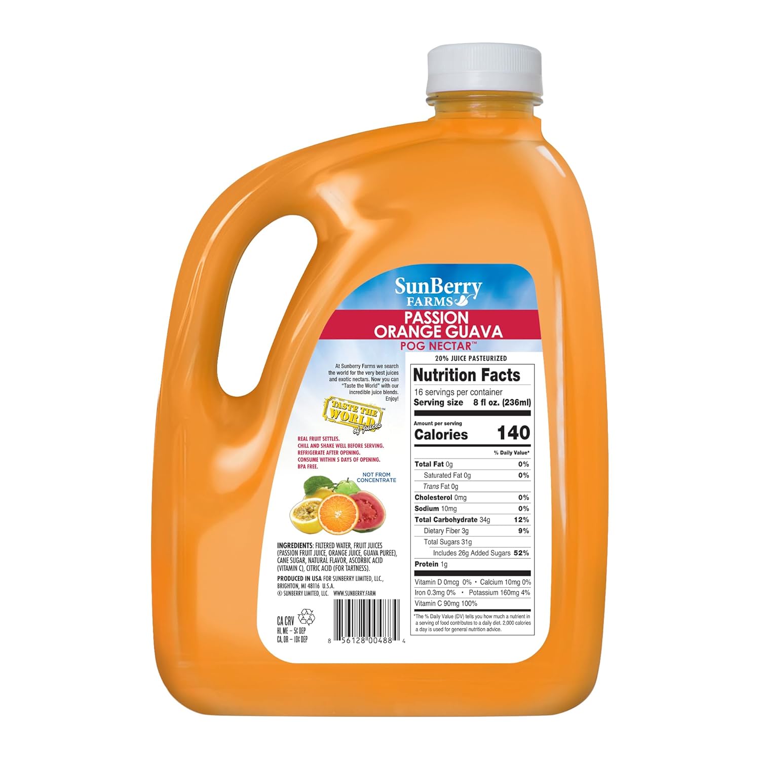 Sunberry Farms POG 128oz – Passion Orange Guava Tropical Juice, Real Fruit Nectar, No Artificial Flavors or Colors, Family-Size 1 Gallon Bottle