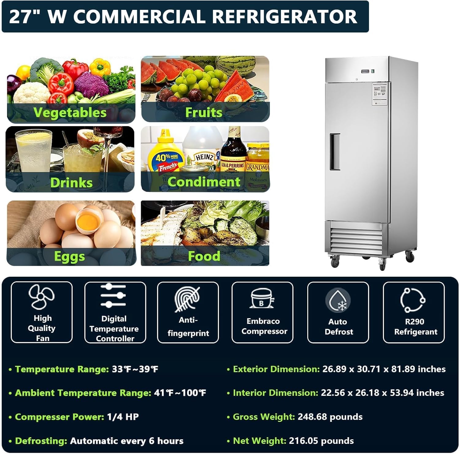 27" Commercial Upright Refrigerator, 1 Solid Door, 19 Cu.Ft, Commercial Refrigerator Fridge with Stainless Steel Construction for Restaurant Bar Garage, 33℉ ~ 39℉, ETL and DOE