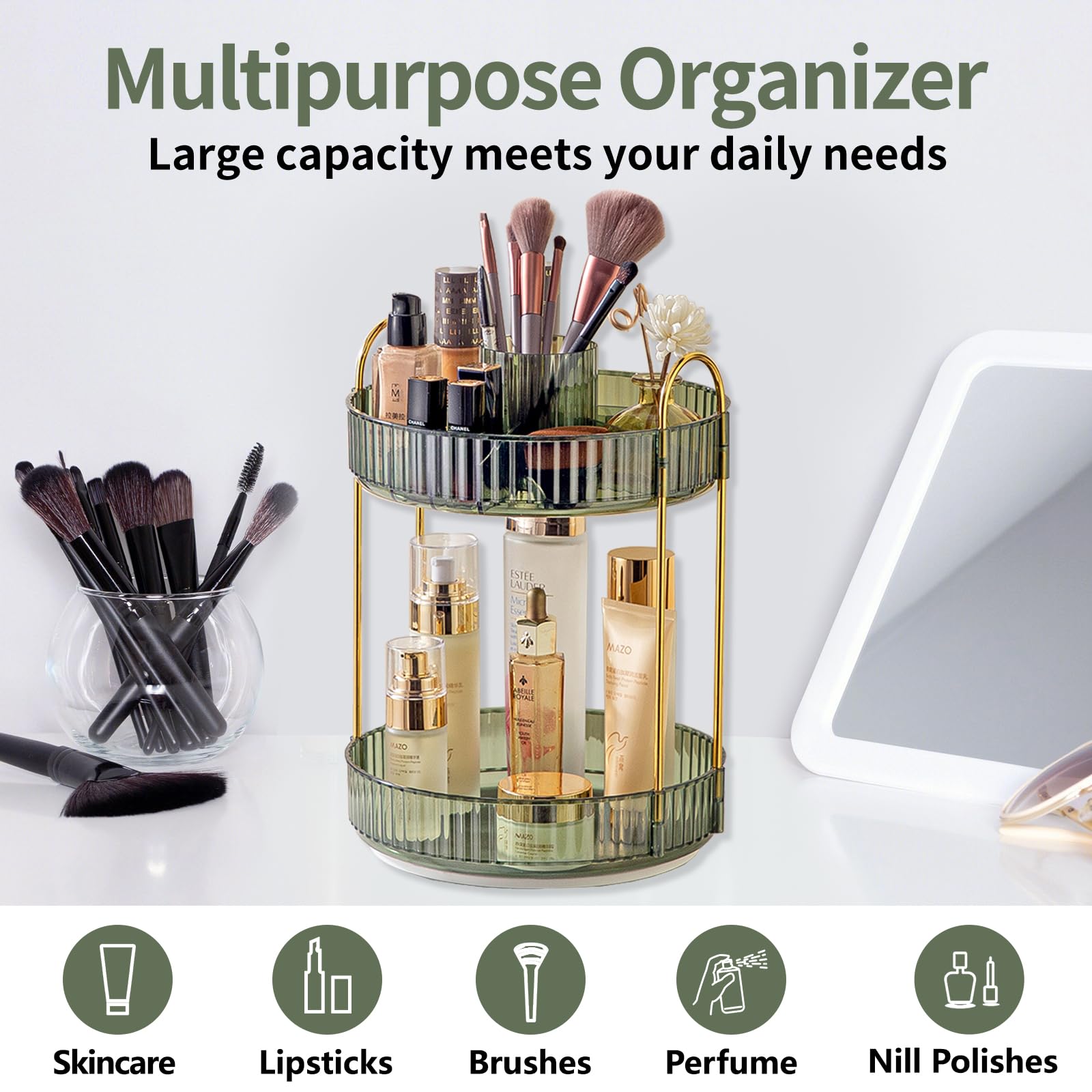 Asayuee Organizador de maquillaje giratorio de 360 grados, organizadores y almacenamiento de maquillaje de gran capacidad de 2 niveles, organizadores de tocador de perfume para el cuidado de la piel,