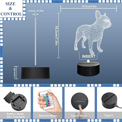 Miniatura 5 de Lampeez Luz nocturna de bulldog francés 3D, lámpara de ilusión óptica de 16 colores cambiantes con control remoto para cumpleaños, Navidad, día de