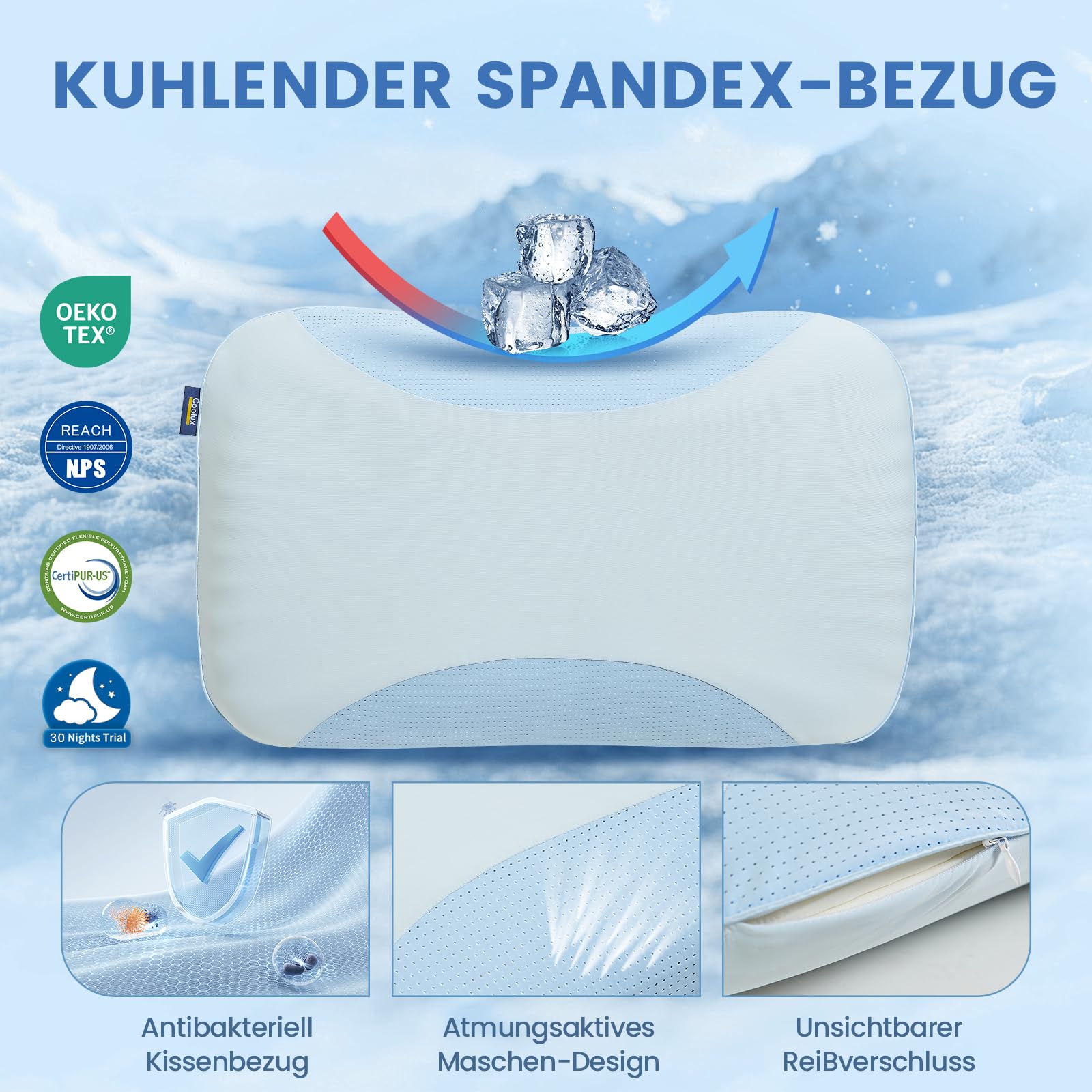Memory Foam Kühlendes Kopfkissen 40x60 Öko-Tex Nackenkissen | Ergonomisches Memory Foam Kissen für Bauch- und Rückenschläfer, Atmungsaktiv Belüftungskanälen, Abnehmbarer Waschbarer Bezug