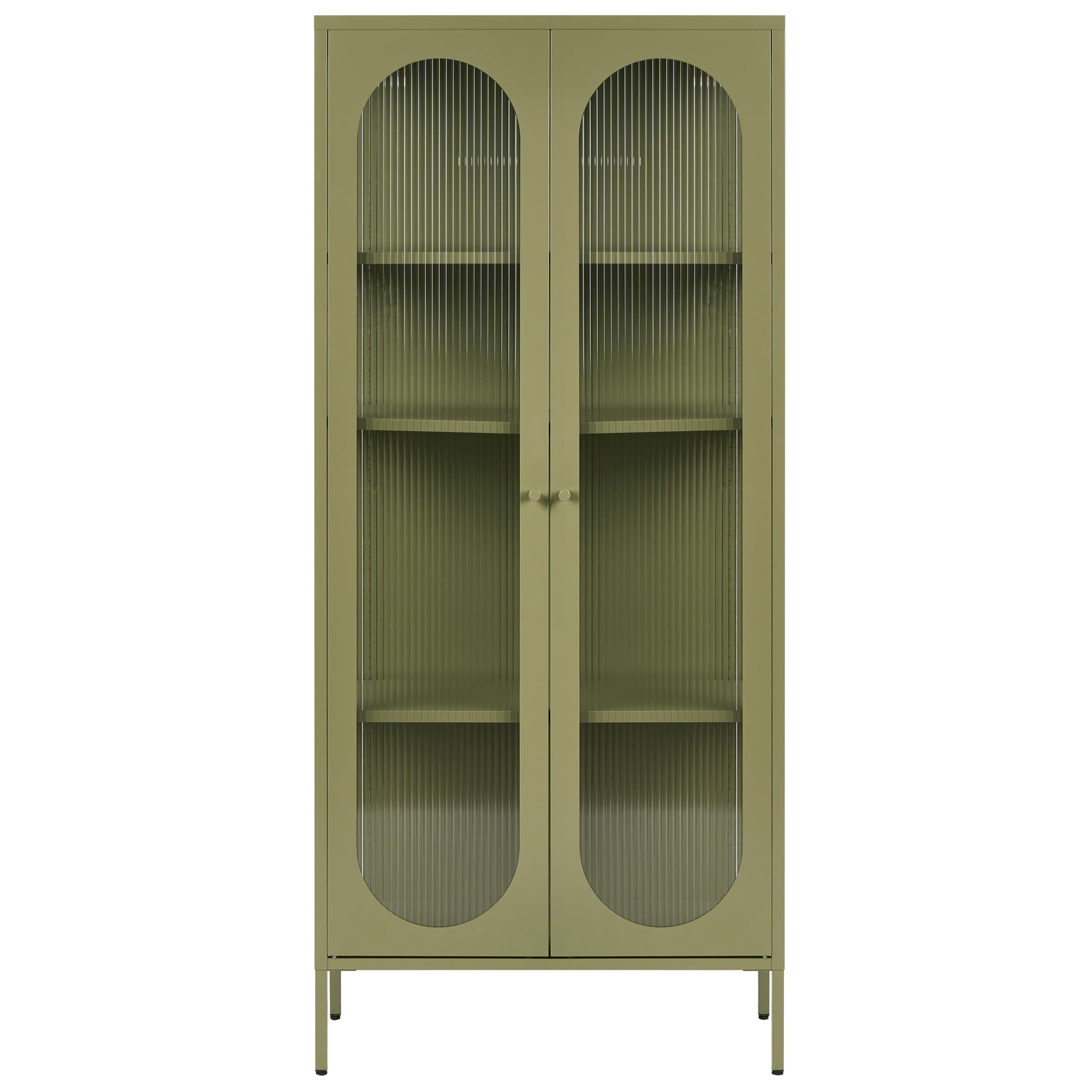Beliani Vitrine Stahl grün mit 2 Glastüren geriffelt Hochschrank 181 cm hoch modern Industrie-Design Foxton