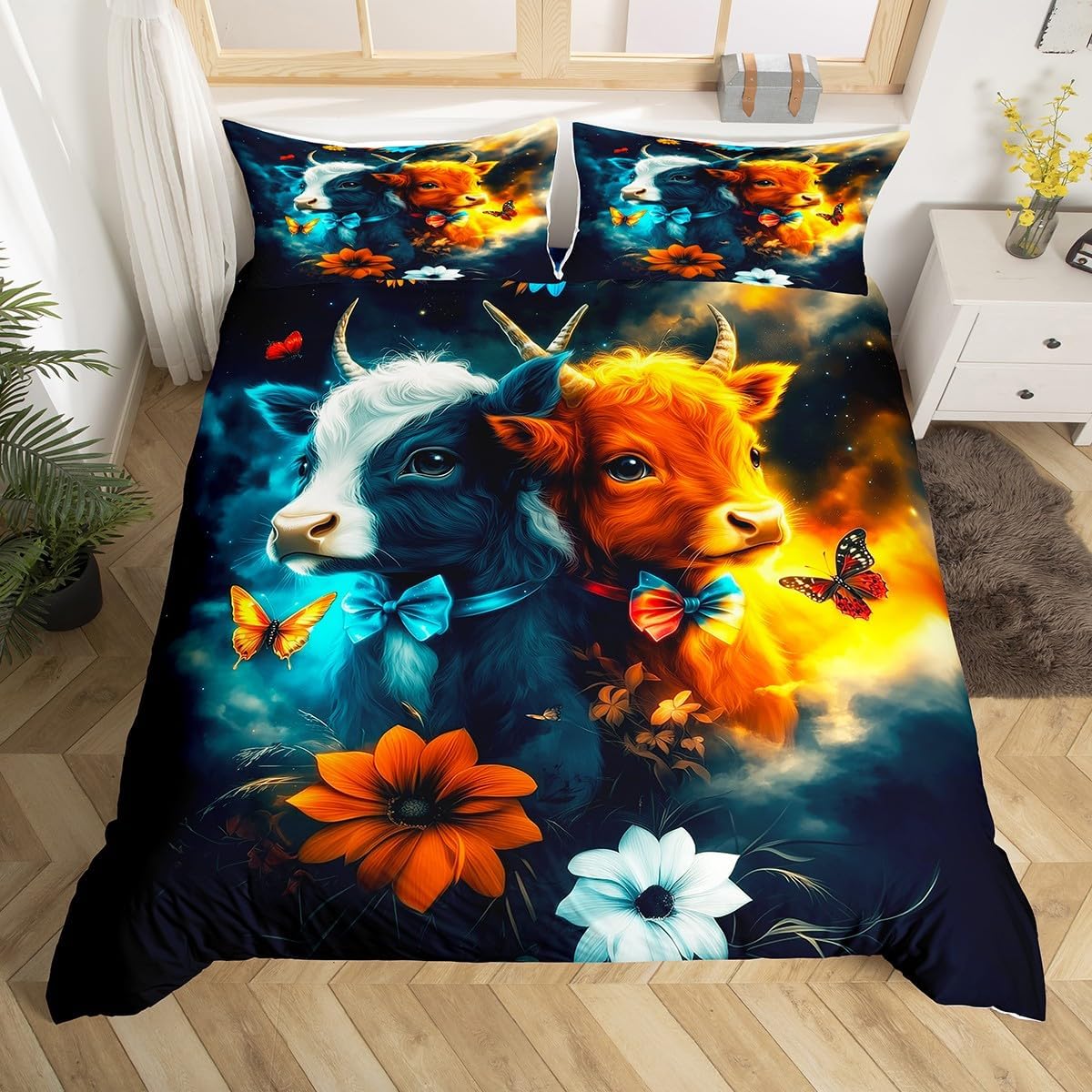 Cattle Boho Style Bedding Set Toddler Size,Brown Black Tai Ji Cow Duvet Cover 2pcs for Kids Boys,Gothic Sky Mystery Galaxy Comforter Cover,Rustic Butterfly Farmhouse Style Quilt Cover,Not Comforter