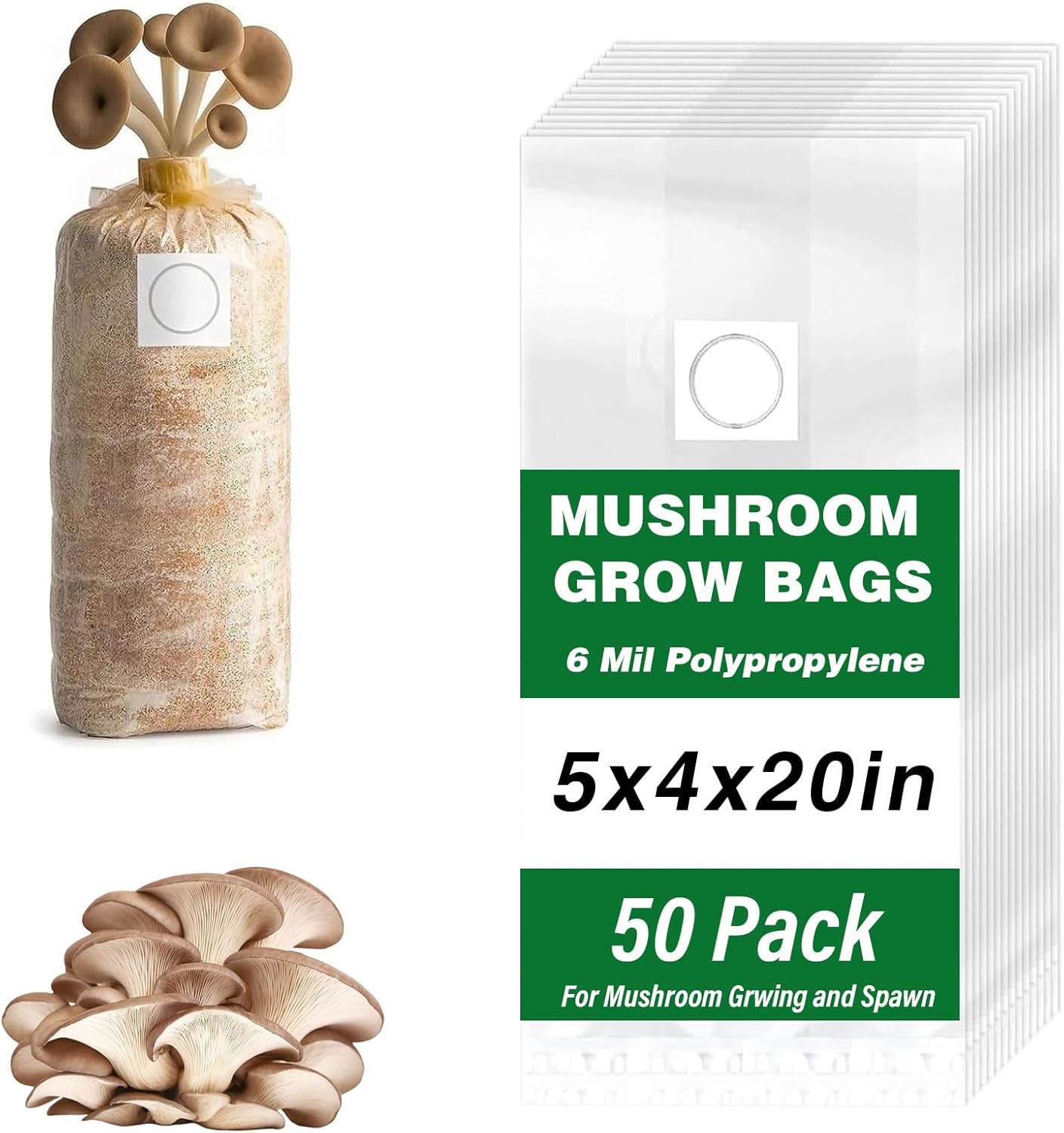 Mushroom Grow Bags, 50 Pack 6 Mil Polypropylene Mushroom Substrate Bags, 5" x 5" x 20", with Breathable 0.2 Micron Filter Patch, Large Autoclavable Bags for Substrates Strong Tear Resistant