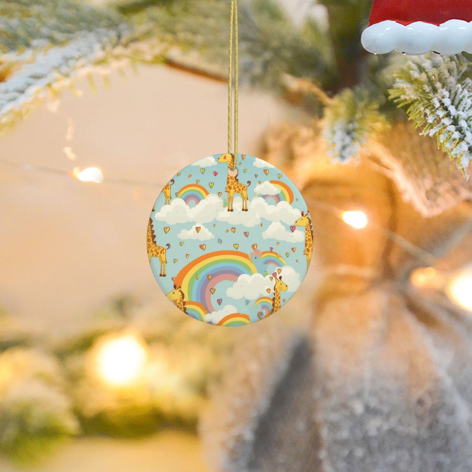 Christmas Tree Ornaments Ceramics Christmas Round Decorations Cartoon Giraffe Rainbow Clouds Ceramics Ornaments Circle Pentagram Xmas Tree Hanging Pendant for Christmas Tree Party Holiday Home Decor