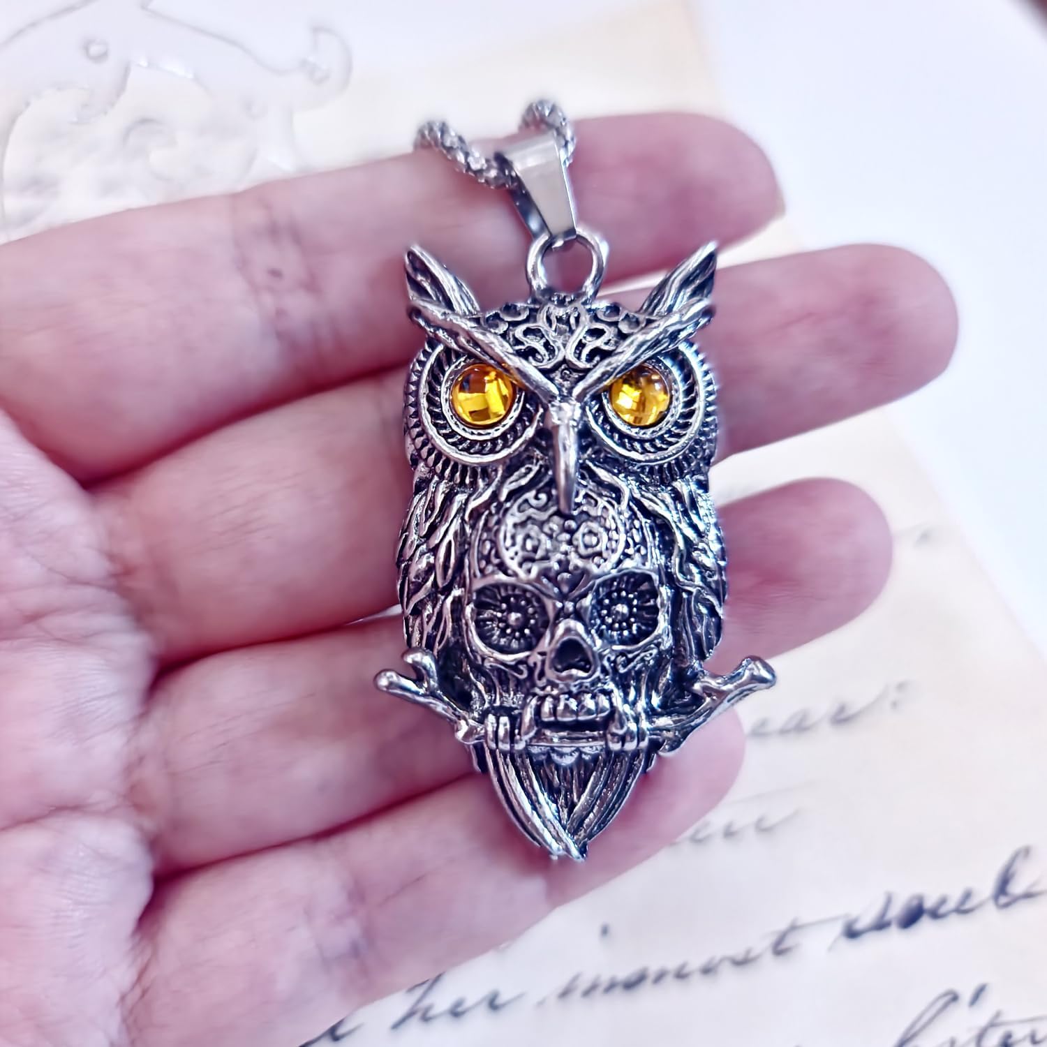 7Dots Art Owl with yellow eyes and a skull Pendant Necklace with 20 inches chain - Image 7