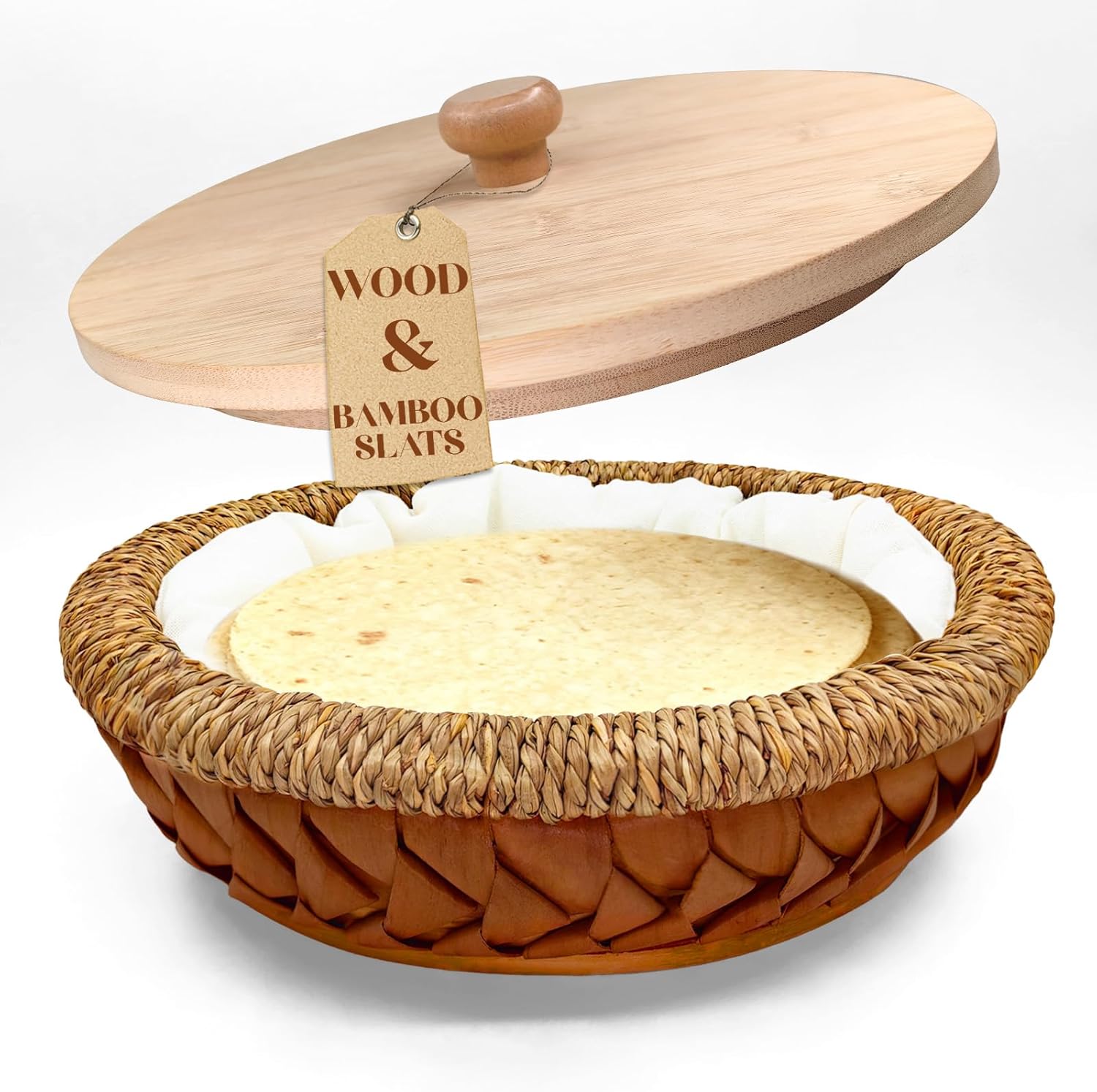 Rattan Weaving Tortilla Warmer Basket with Wooden Cover, 9.6" x 3.15" Natural Tortilla Holder with Cotton Liner, Handmade Basket for Tortillas, Roti, Pancake & Flatbread (Classic Brown)