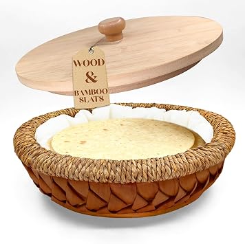Rattan Weaving Tortilla Warmer Basket with Wooden Cover, 9.6" x 3.15" Natural Tortilla Holder with Cotton Liner, Handmade Basket for Tortillas, Roti, Pancake & Flatbread Classic Brown
