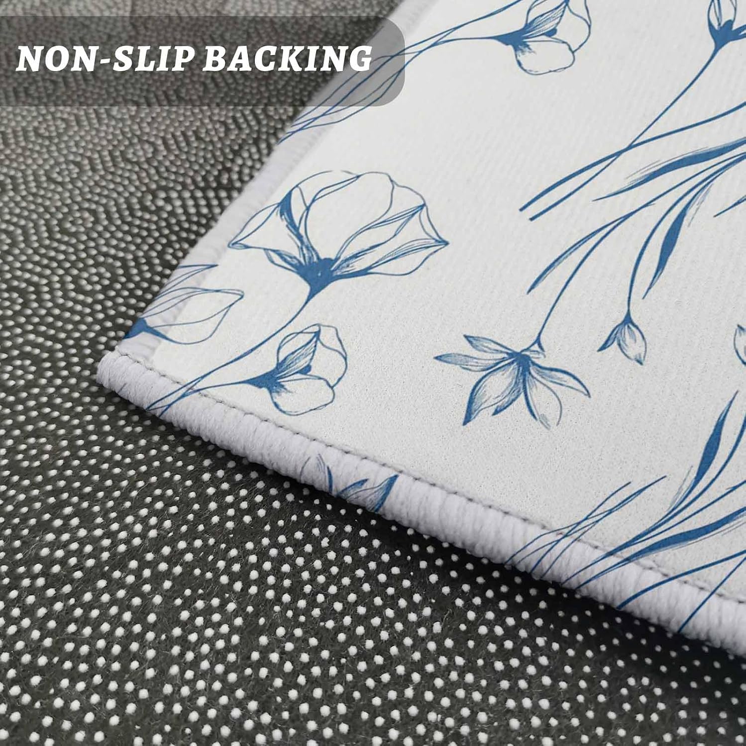 Kitchen Mats for Floor Abstract Wildflower on White Washable Non Slip Kitchen Rugs 2PCS, Rustic Blue Floral Sketch Absorbent Standing Mats for Sink Bathroom Office Living Room 15.7x23.6in+15.7x47.2in