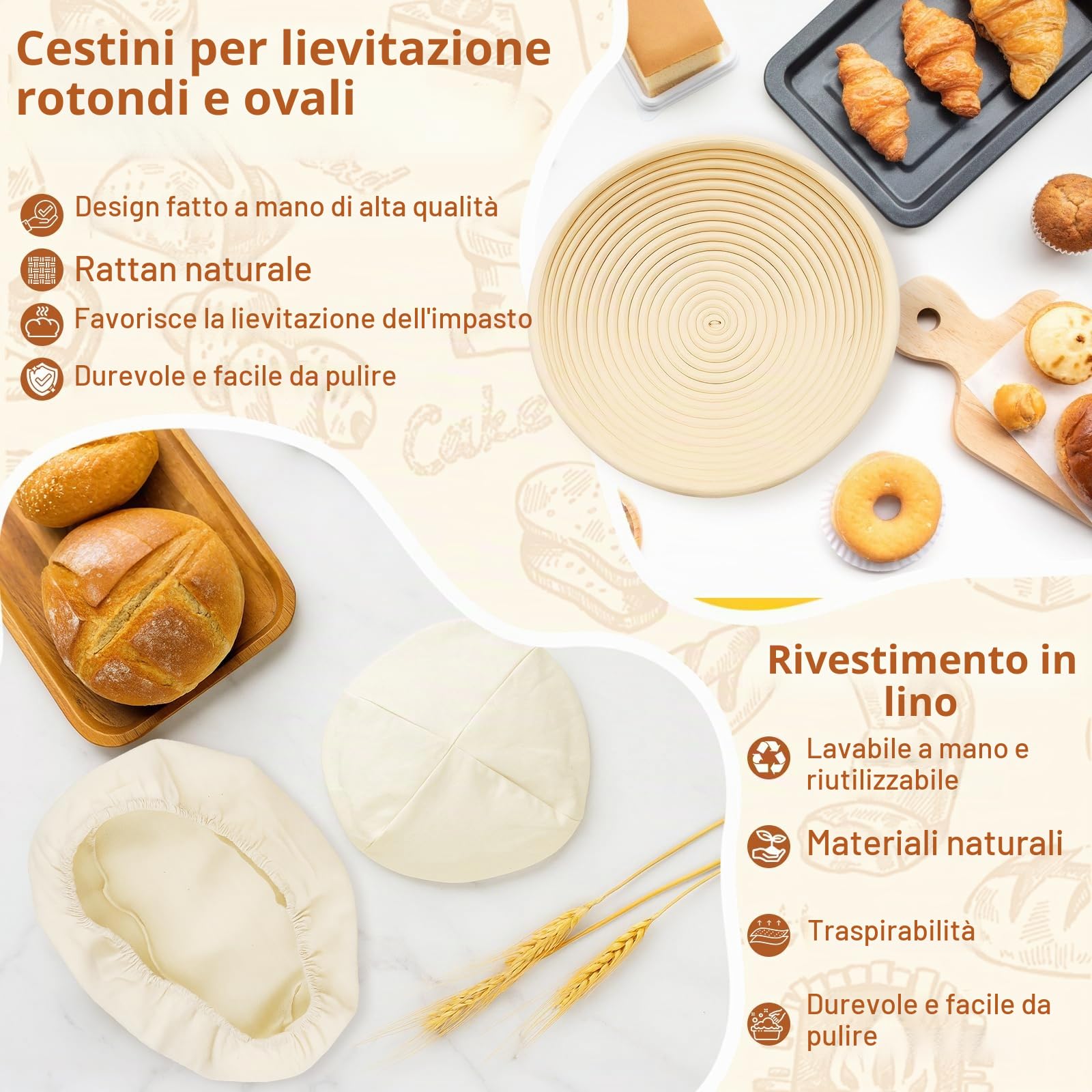 Kit Cestino Lievitazione Pane, Incl. Cestini Lievitazione Pane Rotondi 23cm & Ovale 25cm, Copertura per Impasto, Bread Lame, Tagliapasta Spatola, Pennello da Cucina - Kit Panificazione