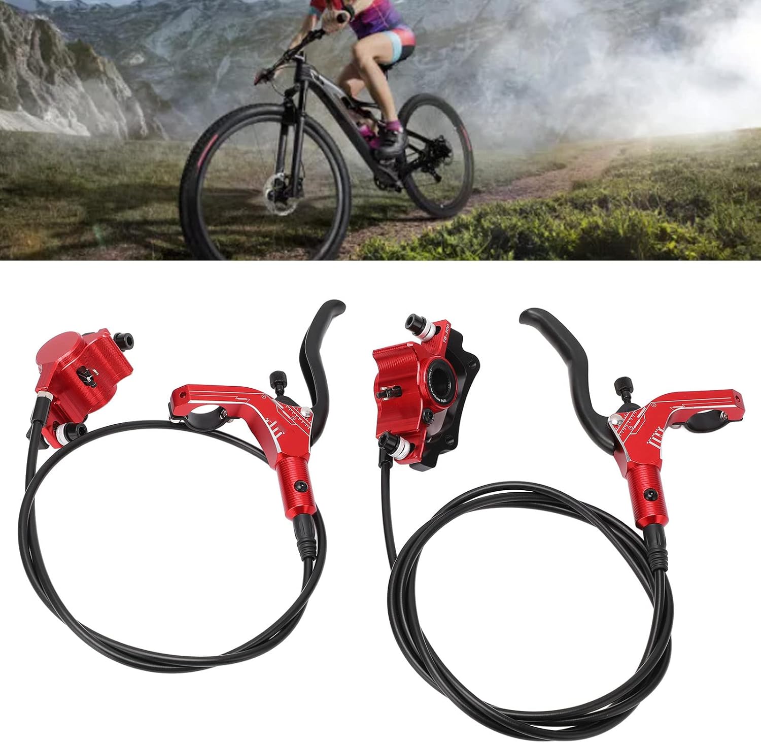 Drfeify Bike Brakes, High Density Aluminum Alloy Hydraulic Disc Brake Set, Sensitive Wear Proof Performance Parts for Mountain Bikes with Front and Rear Rotors (red)