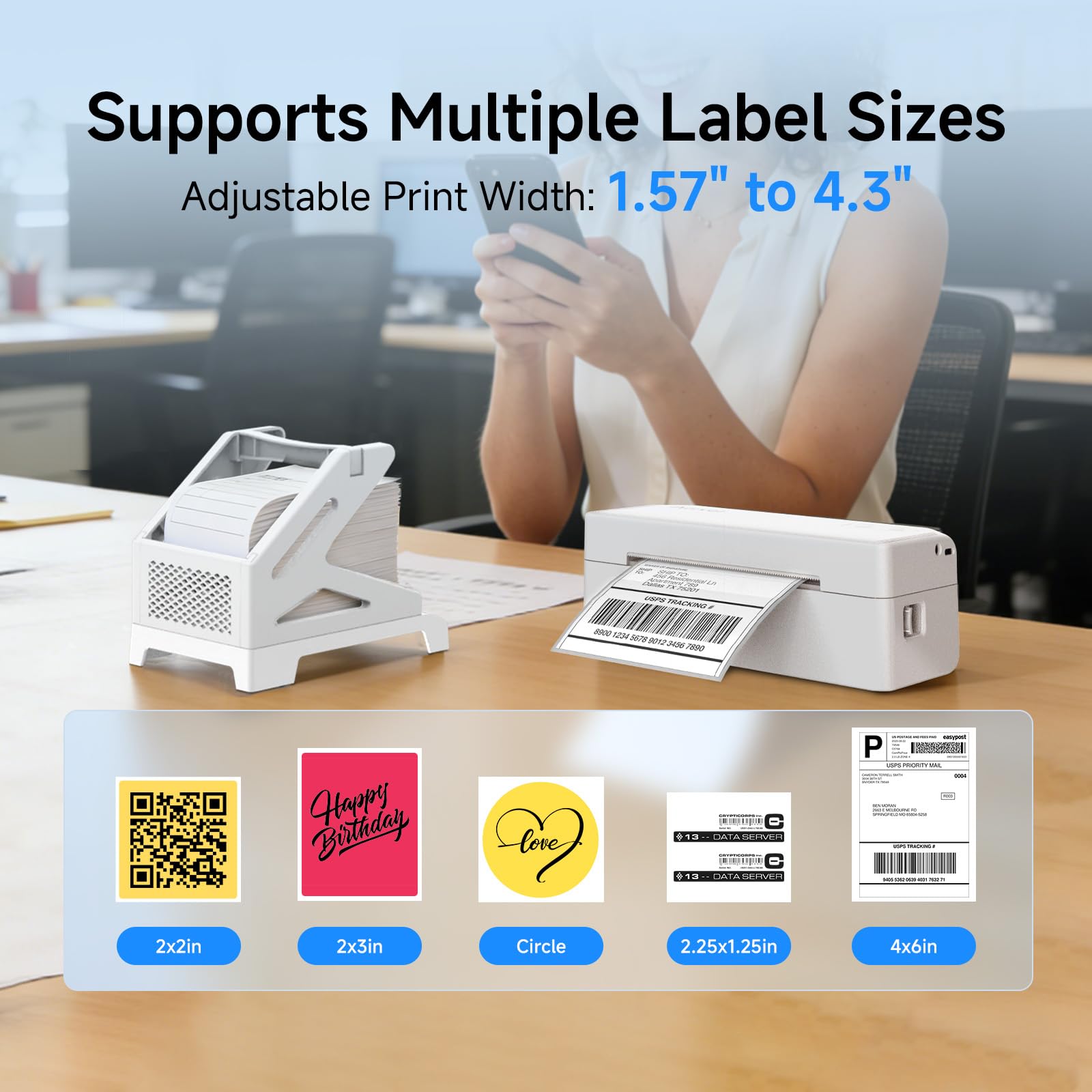 Stampante termica per etichette Bluetooth con supporto, stampante per etichette di spedizione wireless 4x6 per piccole imprese, supporta iPhone, Android, Windows e Mac (bianco)