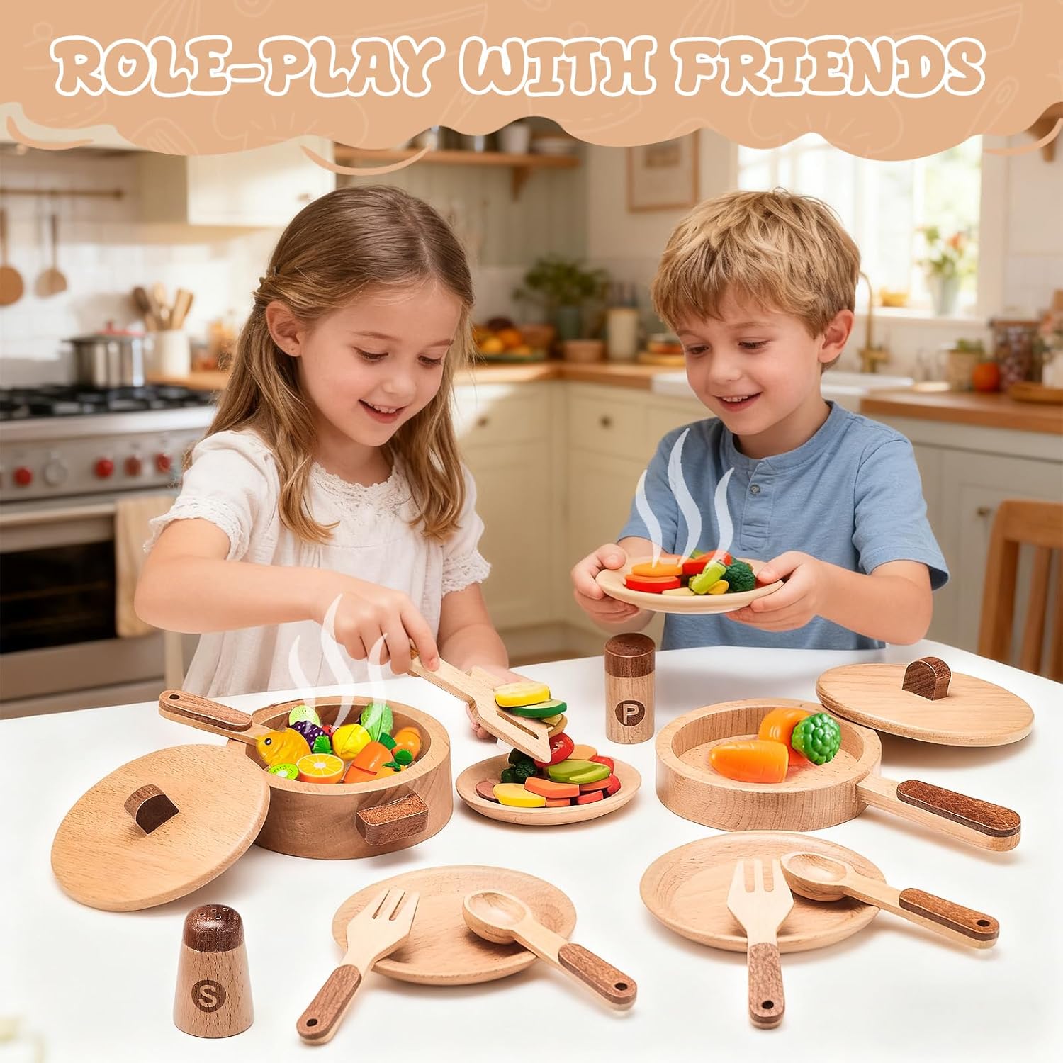 WHOHOLL Wooden Play Cooking Set with Plates and Dishes, Kitchen Toys for Kids 3 4 5 6, Montessori Play Kitchen Accessories Including Pots and Pans, Christmas Birthday Gifts for Girls Boys