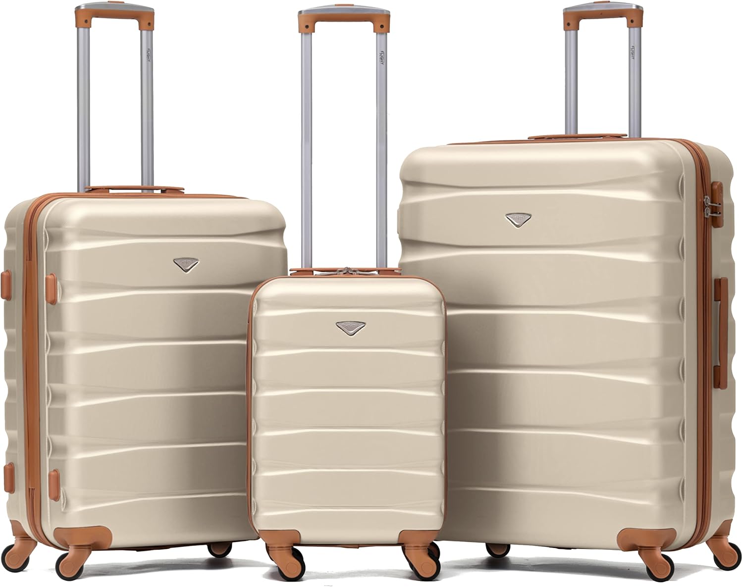 Flight Knight Set di 3 Valigie Leggere in ABS Compatibili con Trolley per Bagagli a Mano Alitalia, easyJet, RyanAir Priorita, Crema/Marrone, Set di valigie