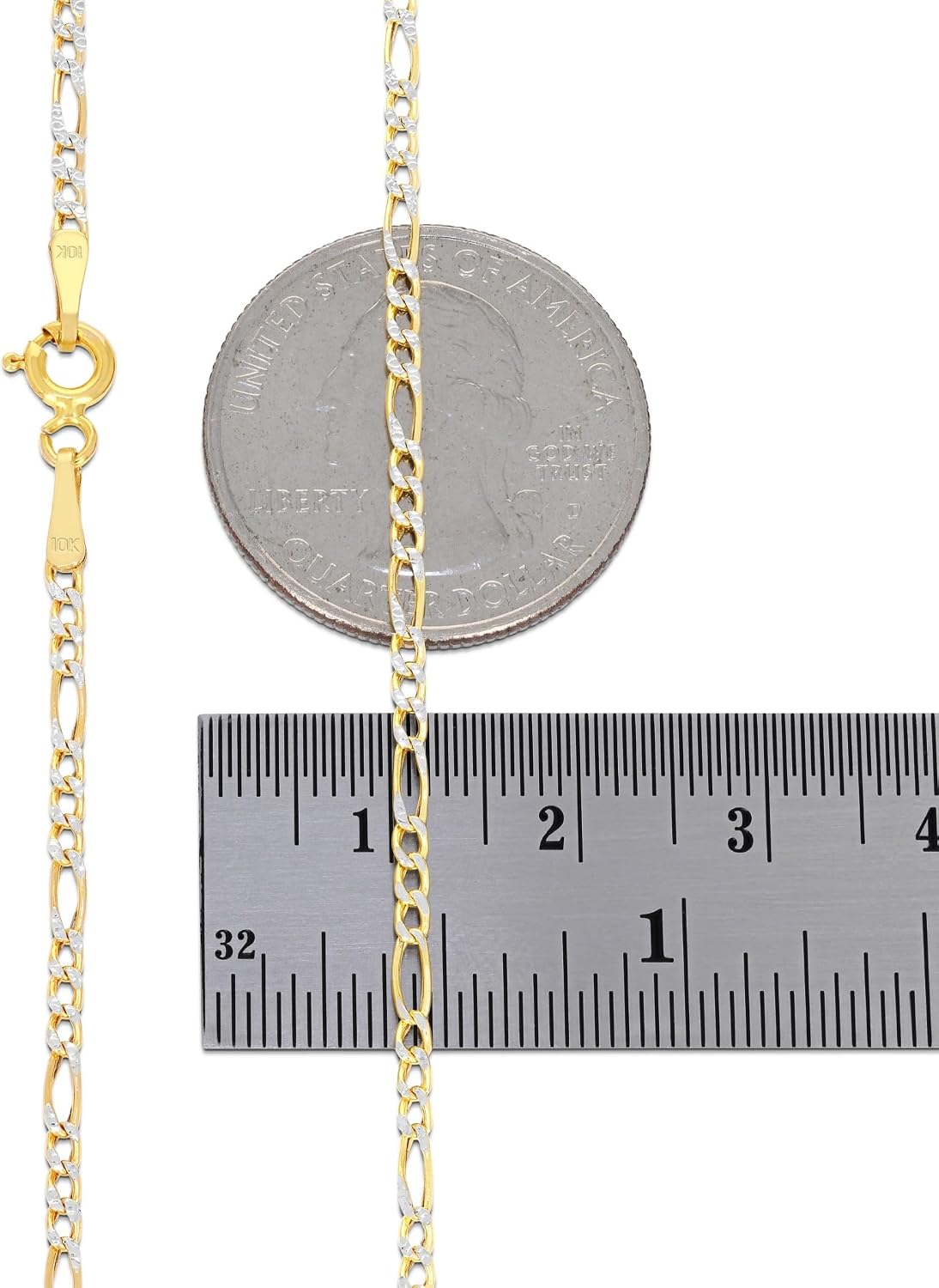 Nuragold 10k Real Yellow Gold Figaro Link 2mm Diamond Cut Two Tone Pave Chain Necklace (16"-24") Italian Jewelry for Men & Women
