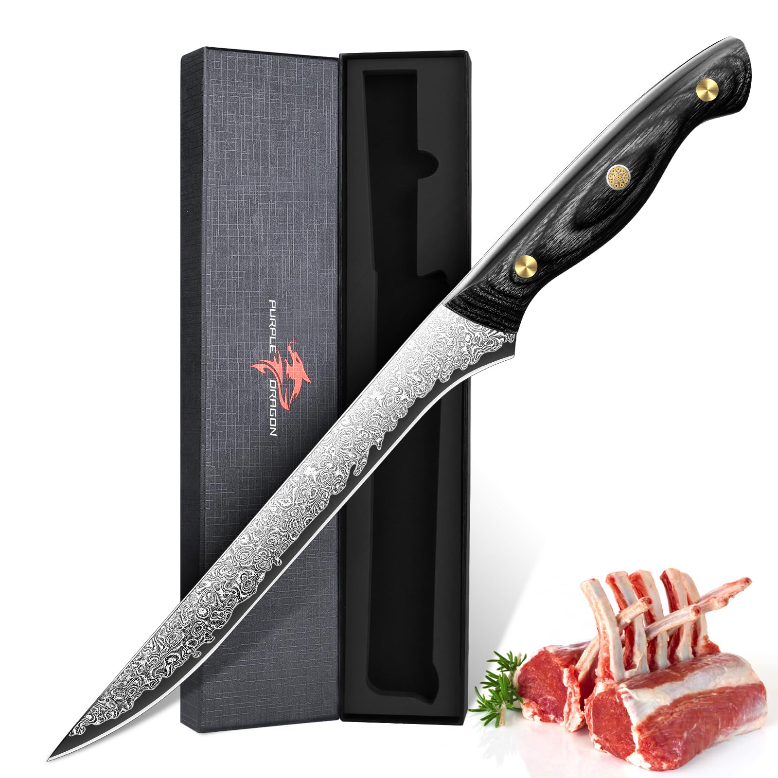Purple Dragon Damascus Boning Knife 8 inch, VG10 Brisket Trimming Knives for Meat Cutting, Flexible Fillet Knife, Butcher Knives, Kitchen Slicing Knives with Full Tang Handle, Ideal Christmas Gift