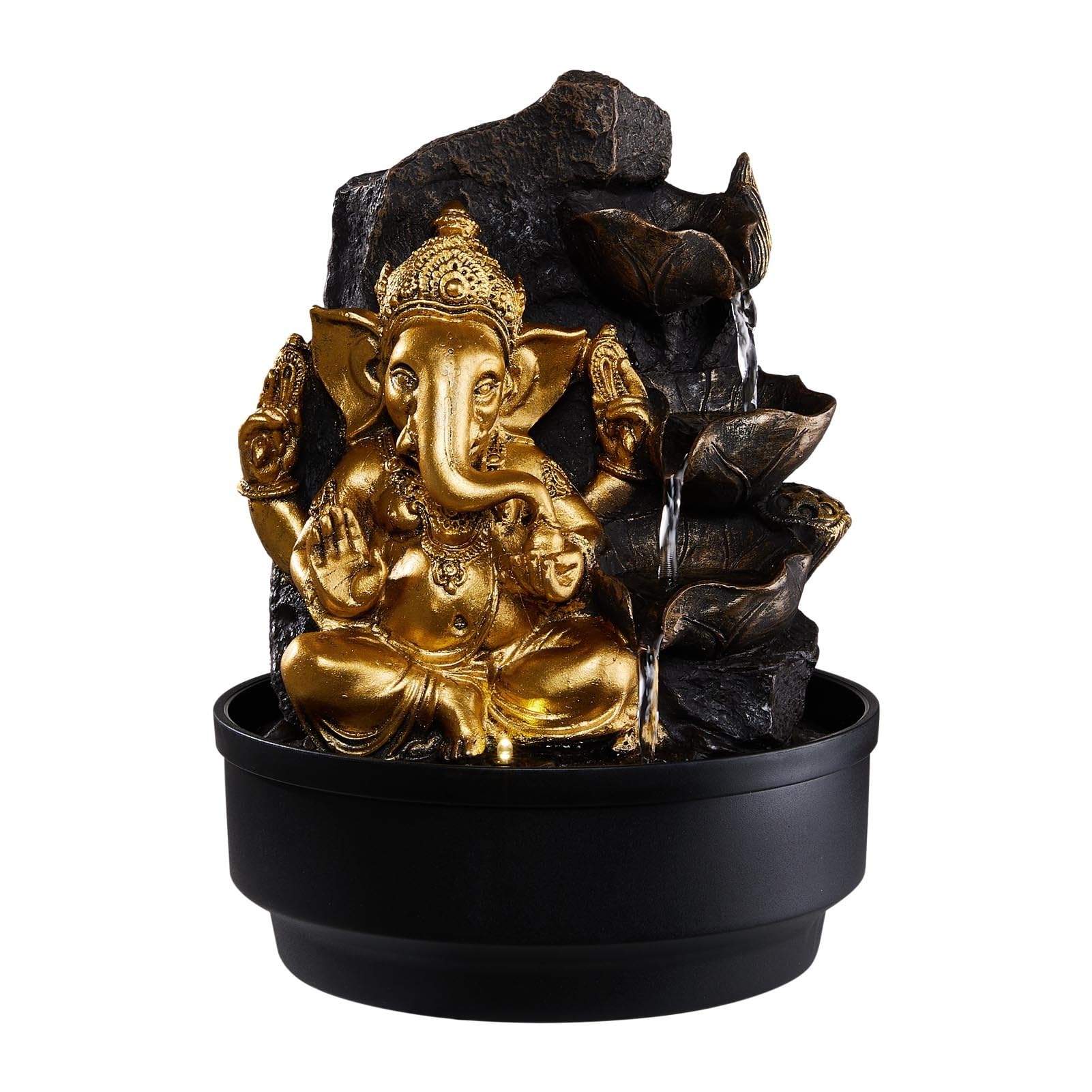 BTGGG Indoor Fountain Golden Ganesha with LED Light Indoor Water Features 21.5 * 21.5 * 30CM Desktop Feng shui Meditation Zen Fountain for Relaxing Indoor Decoration, 3 Pin UK Plug Included