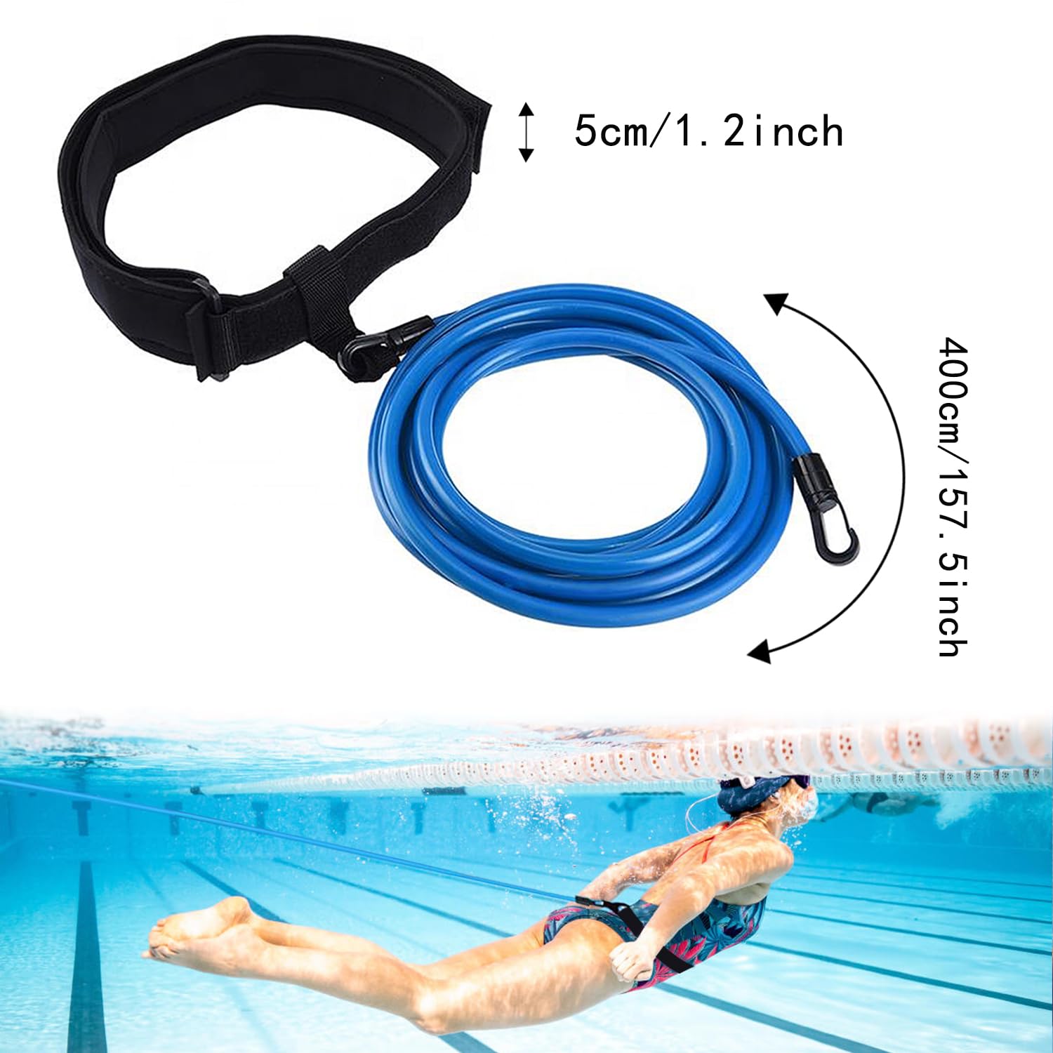 Elastique de Nage 4m avec Lunettes, Ceinture de Natation Réglable