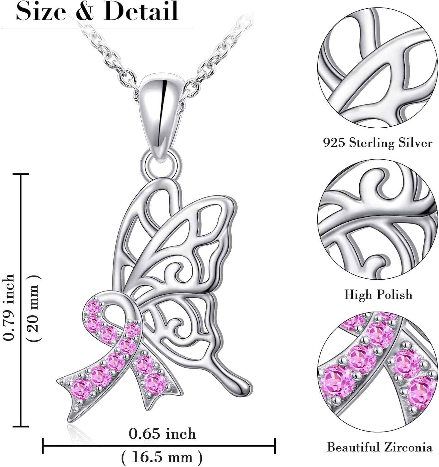 S925 Sterling Silver Breast Cancer Awareness Necklace Butterfly Pink Ribbon Pendant Necklace Survivor Gifts for Women - Image 6