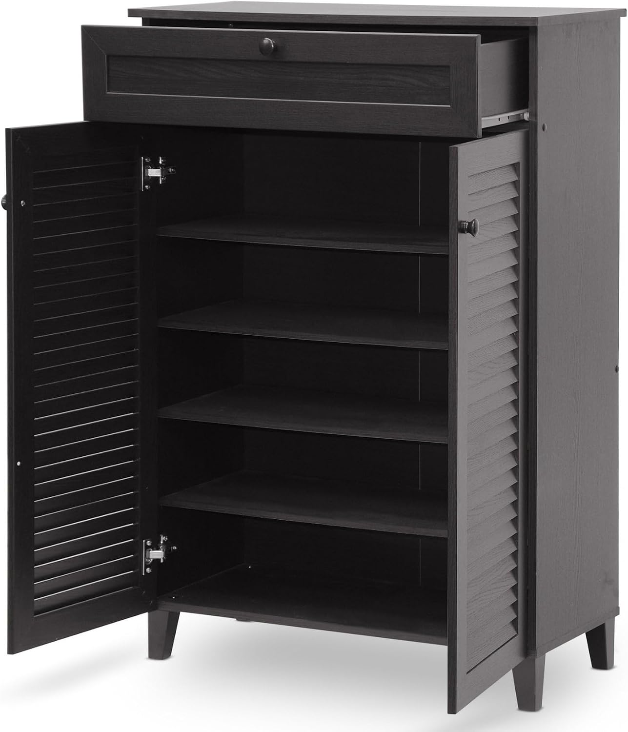 BOWERY HILL 45.25" Shoe Cabinet, Espresso Finish, Engineered Wood & MDF, 4 Fixed Shelves, Top Drawer Storage, Contemporary Style, Hinged Doors, Solid-Wood Handles, Space-Saving Organizer for Entryway