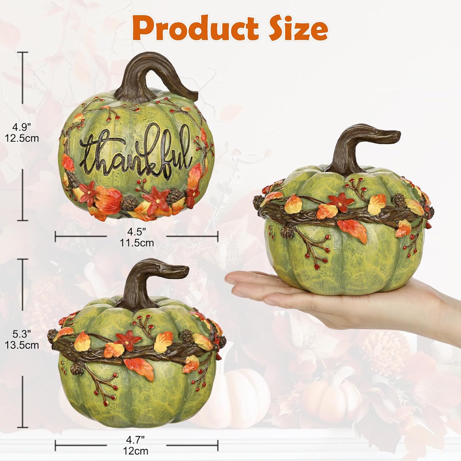 Fall Pumpkin Decor 2Pcs Fake Pumpkins Green Resin Carved Pumpkin Small Decorative Faux Pumpkins Fall Artificial Pumpkins for Home Table Farmhouse Mantel Halloween Thanksgiving Harvest Centerpieces