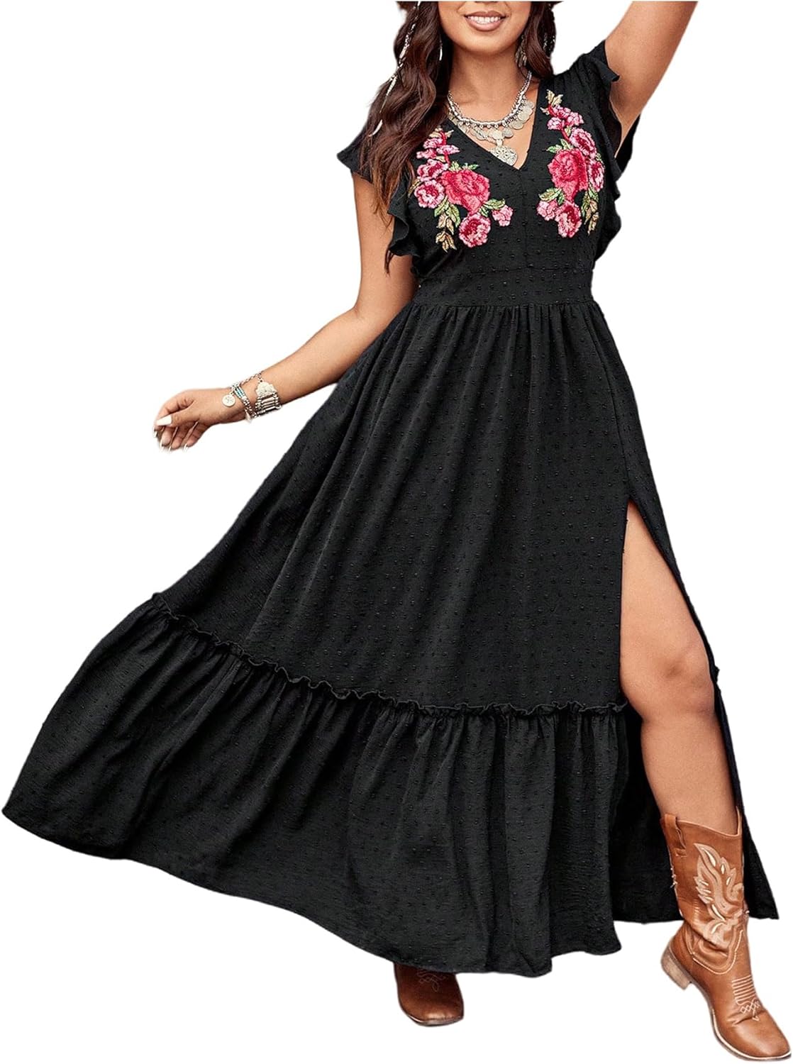 Women's Plus Size Floral Boho Maxi Dress Ruffle Flowy Dress Embroidered Cap Sleeve Summer Vacation Sundress