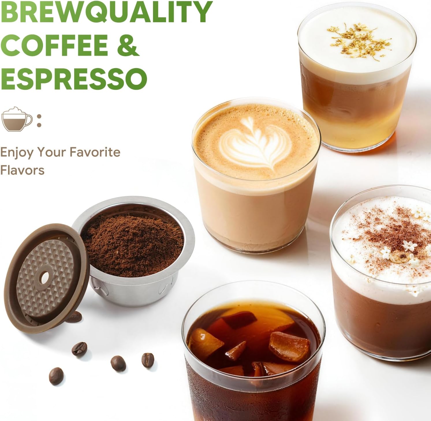 2pcs Reusable Pods for Nespresso Vertuo Machine, Stainless Steel 7.7oz Refillable Coffee Capsule Set with 2 Silicone Lid,1 Spoon,1 Brush,Coffee Accessories for Nespresso Vertuo Machine (2 Lids+2 Pods)