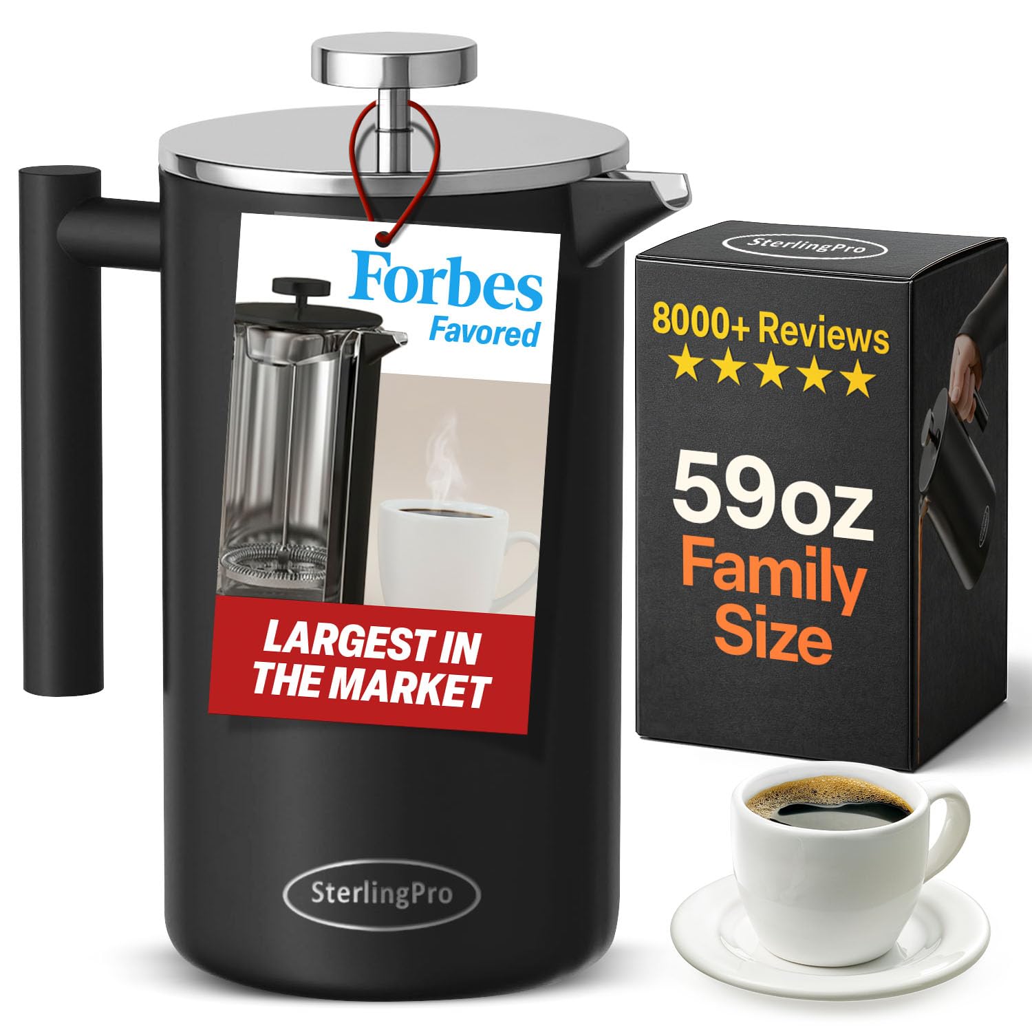 SterlingPro French Press Coffee Maker-Double Walled Large Coffee Press with 2 Free Filters- Granule-Free Coffee, Stylish Rust Free Kitchen Accessory-Stainless Steel French Press (1,75 l, Black)