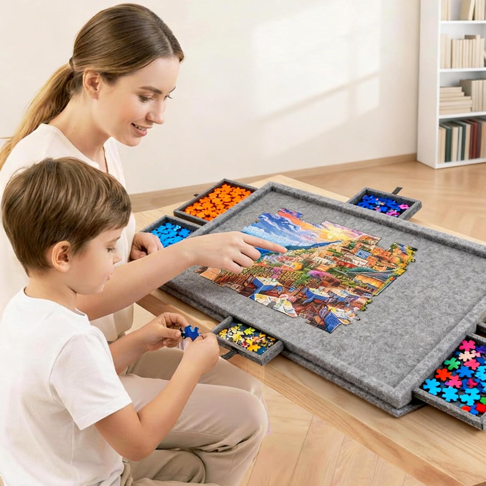 Tapis Puzzle Feutre 1000 pièces, Portable Plateau à Puzzle Portable avec 6 Tiroirs et Couvercle, Accessoires de Puzzle pour Adultes et Enfants, Gris Clair