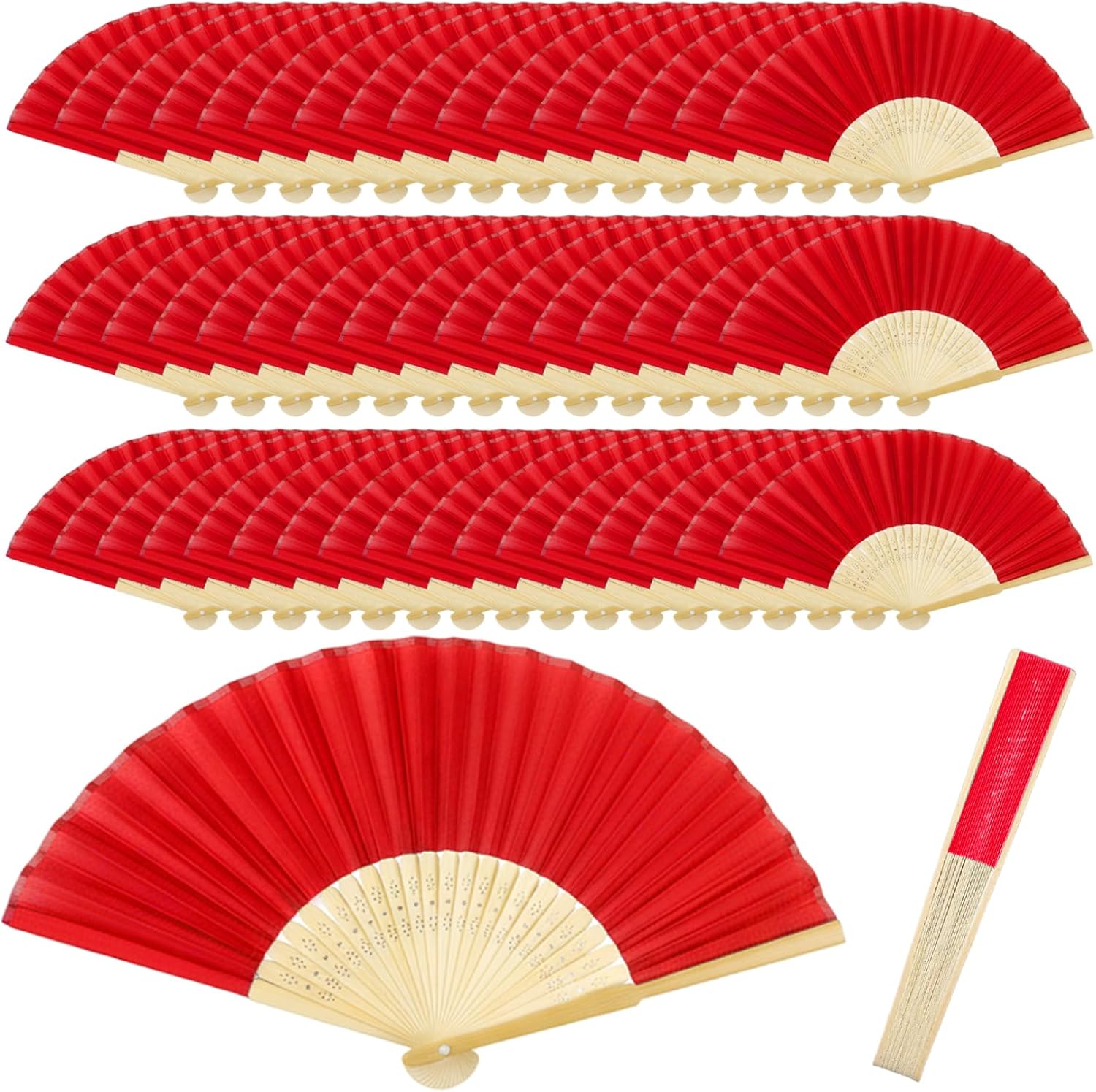 50-Pack Folding Hand Fans, Bamboo Silk Wedding Fans for Guests, Portable 15-Inch Decorative Chinese for Party Favors & Home Decor, Red, Homeused