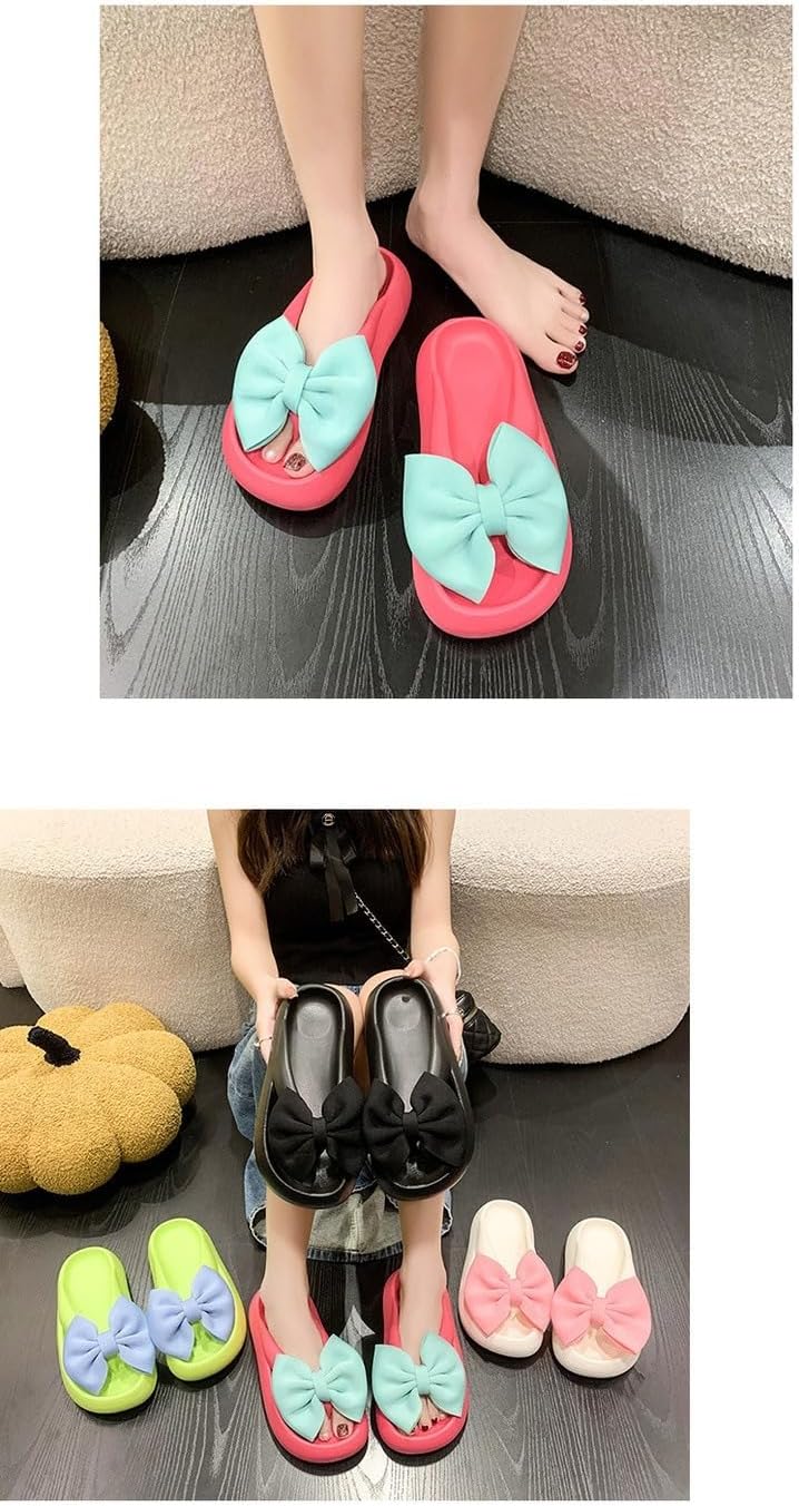 Women's Bow Slippers Summer Beach Flip Flops, Preppy Style Extra Thick EVA Cloud Slides, Non-Slip Shock-Absorbing Sandals for Indoor Outdoor Wear