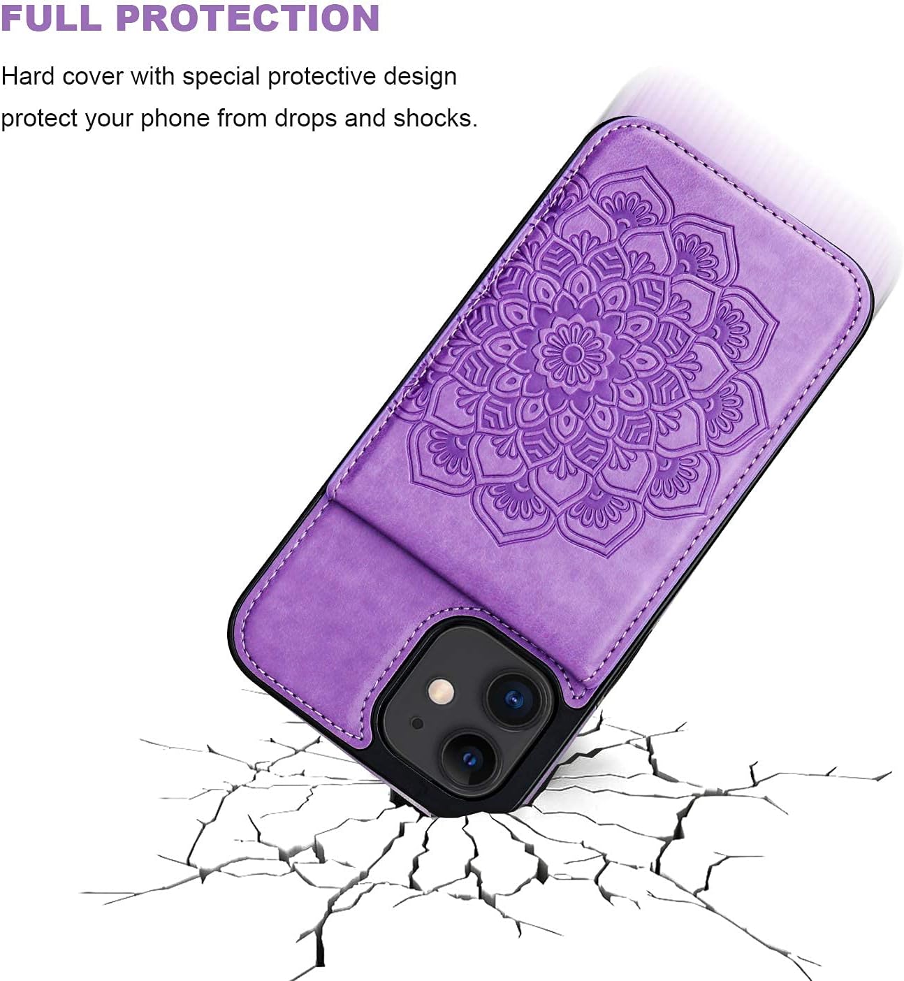 Vaburs Compatible with iPhone 12 Mini Case with Wallet Card Holder,Embossed Mandala Pattern Flower PU Leather 4 Card Slots Kickstand Shockproof Flip Cover for iPhone 12 Mini 5.4 Inch(Purple)