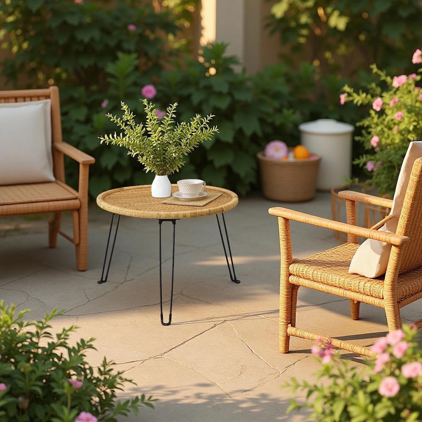 Boho Living Room Round Coffee Table 24 X 18 Inch, Handmade Decorative Coastal Wicker Side Tables, Foldable Rattan End Tables Bedroom Balcony Couch