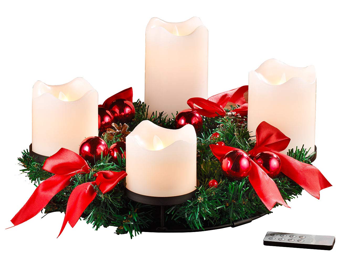 Adventkranz LED: Adventskranz mit weißen LED-Kerzen, rot geschmückt (Adventskranz mit Lichtern, Weihnachtskranz mit Kerzen, Weihnachten)