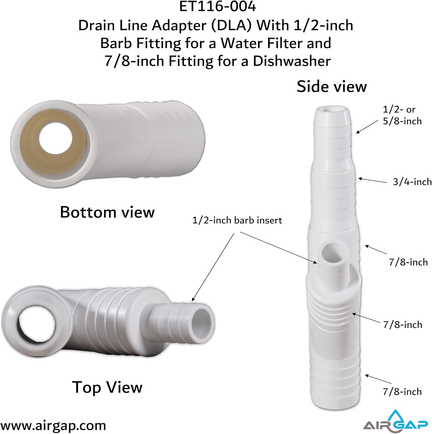Drain Line Adapter (DLA) With 1/2-inch Barb Fitting for a Water Filter and 7/8-inch Fitting for a Dishwasher (ET116-004, D-50B, DLA-D)