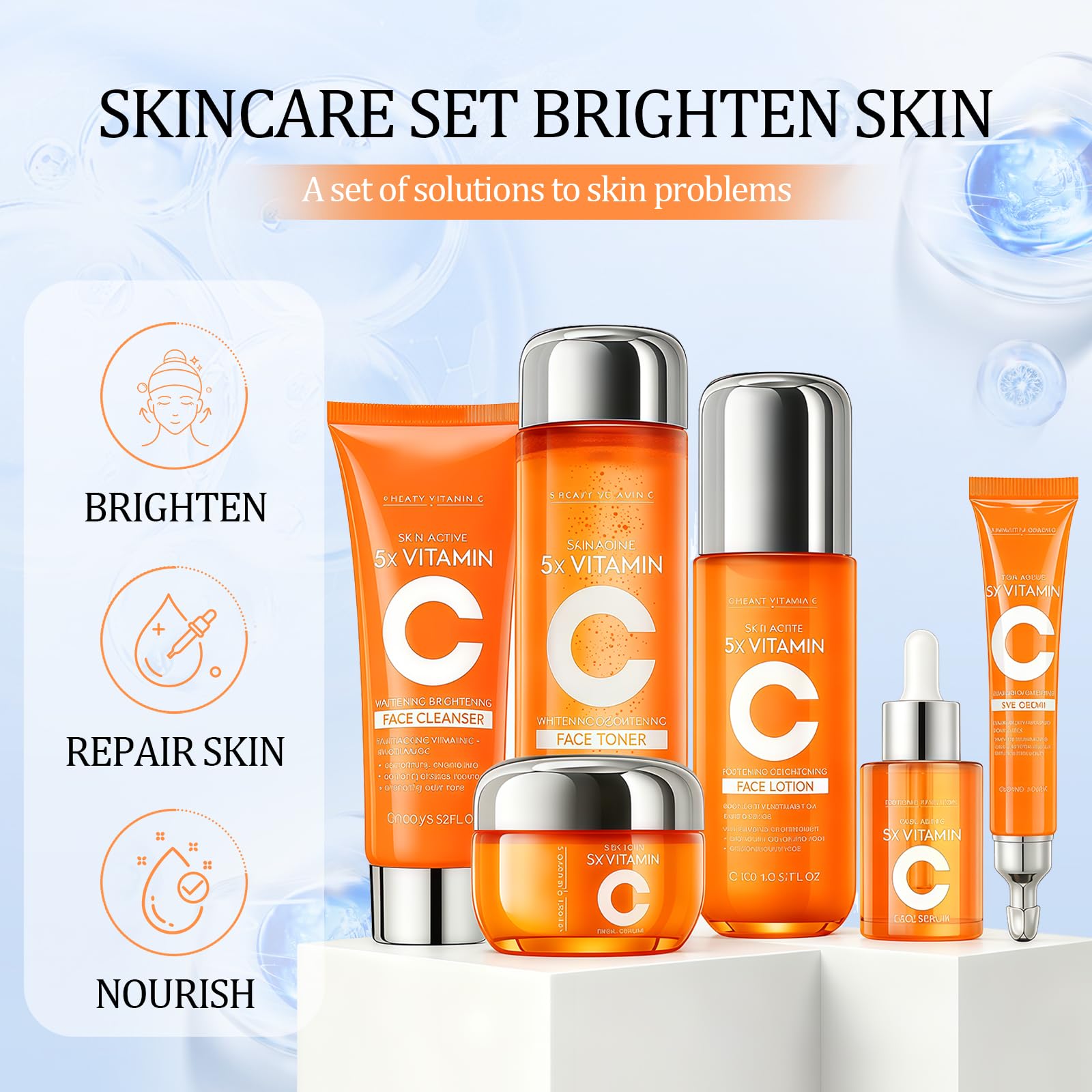 6PCS Coffret Soin Visage Vitamine C,Routine Visage Complète avec Nettoyant,Tonique,Sérum,Contour des Yeux,Lotion & Crème-Hydratation & Éclat du Teint-Pour Femme & Homme