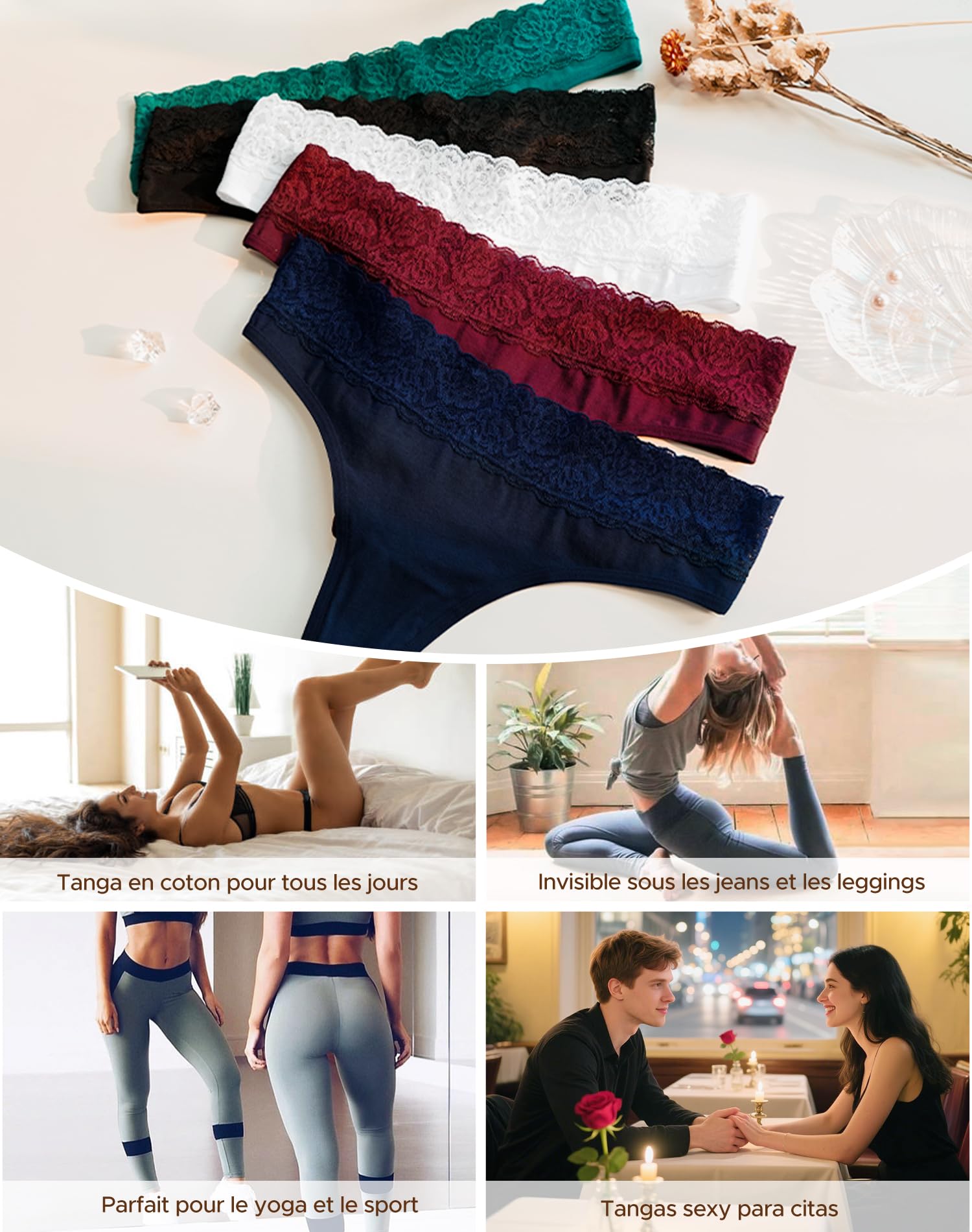 INNERSY Tanga Dentelle pour Femme String Sexy Chic Culotte Coton Stretch sous-vêtements Lot de 6