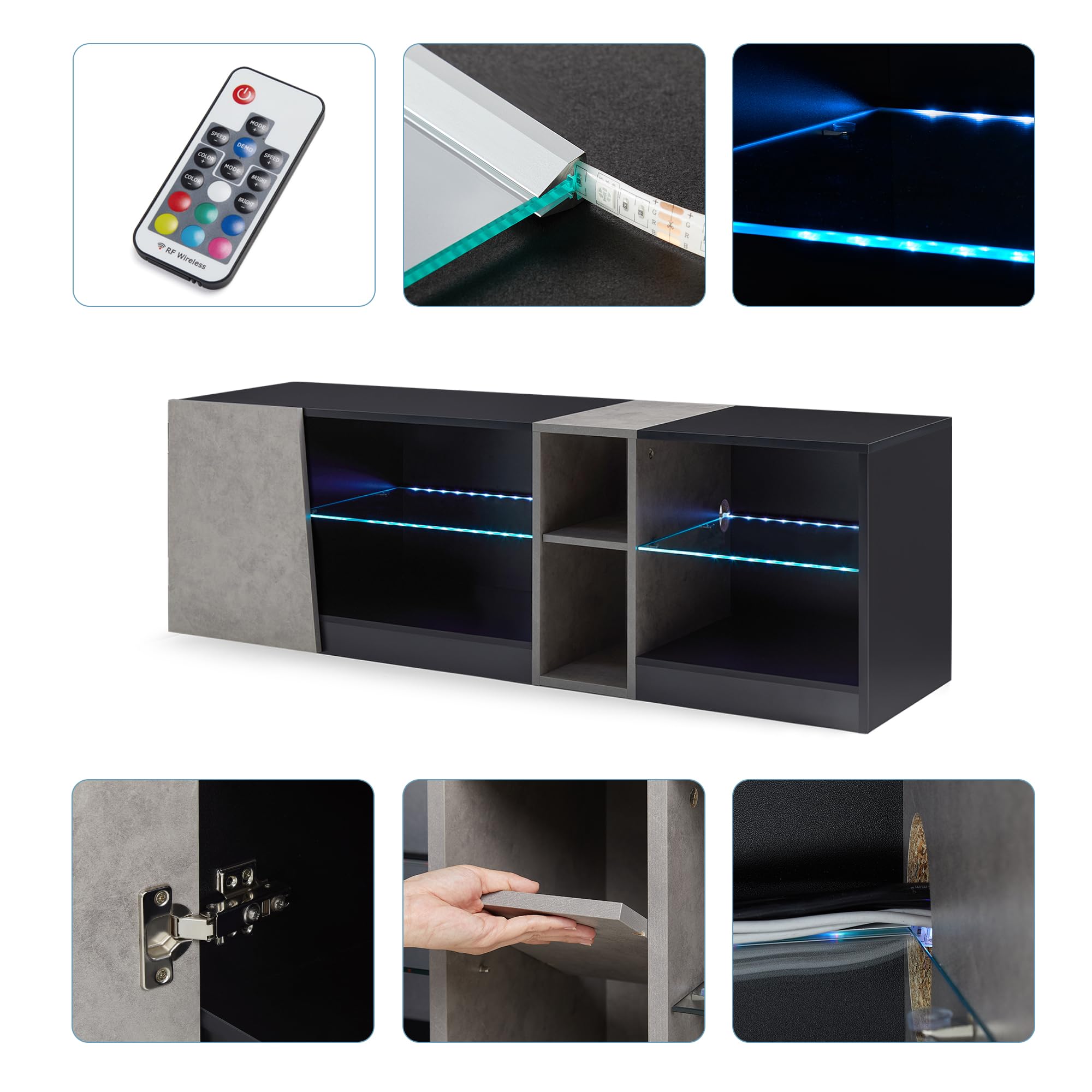 Mondeer Meuble TV, Support Télé LED avec 5 Compartiments et 1 Porte, pour TV de 55 Pouces, pour Salon Chambre à Coucher, W140 x H45 x D37,5 cm, Noir et Gris