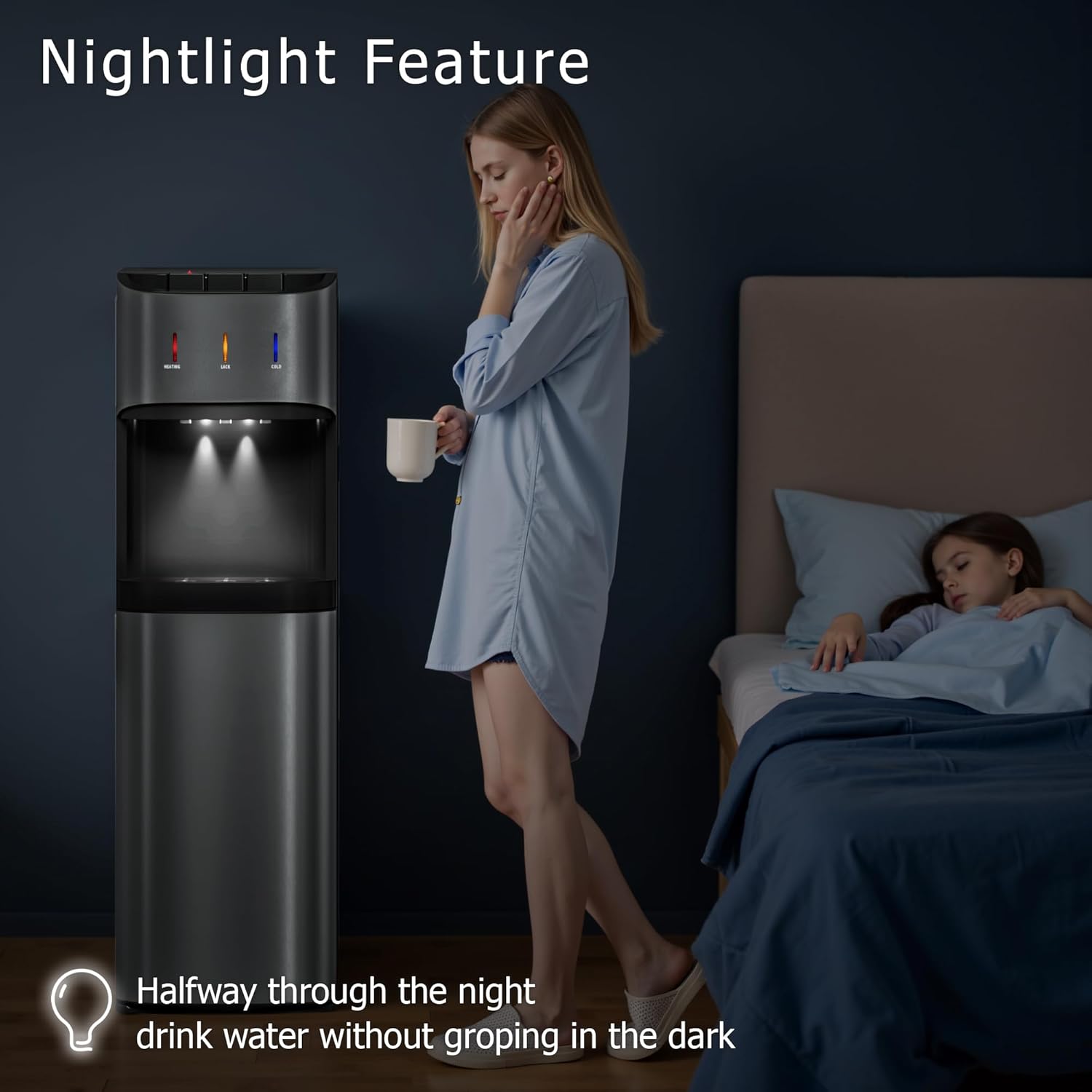 Tehanld Bottom Loading Water Cooler Dispenser for 3 or 5 Gallon Bottles, Stainless Steel Water Dispenser with Hot, Room & Cold Water, Child Safety Lock, Metallic Silver