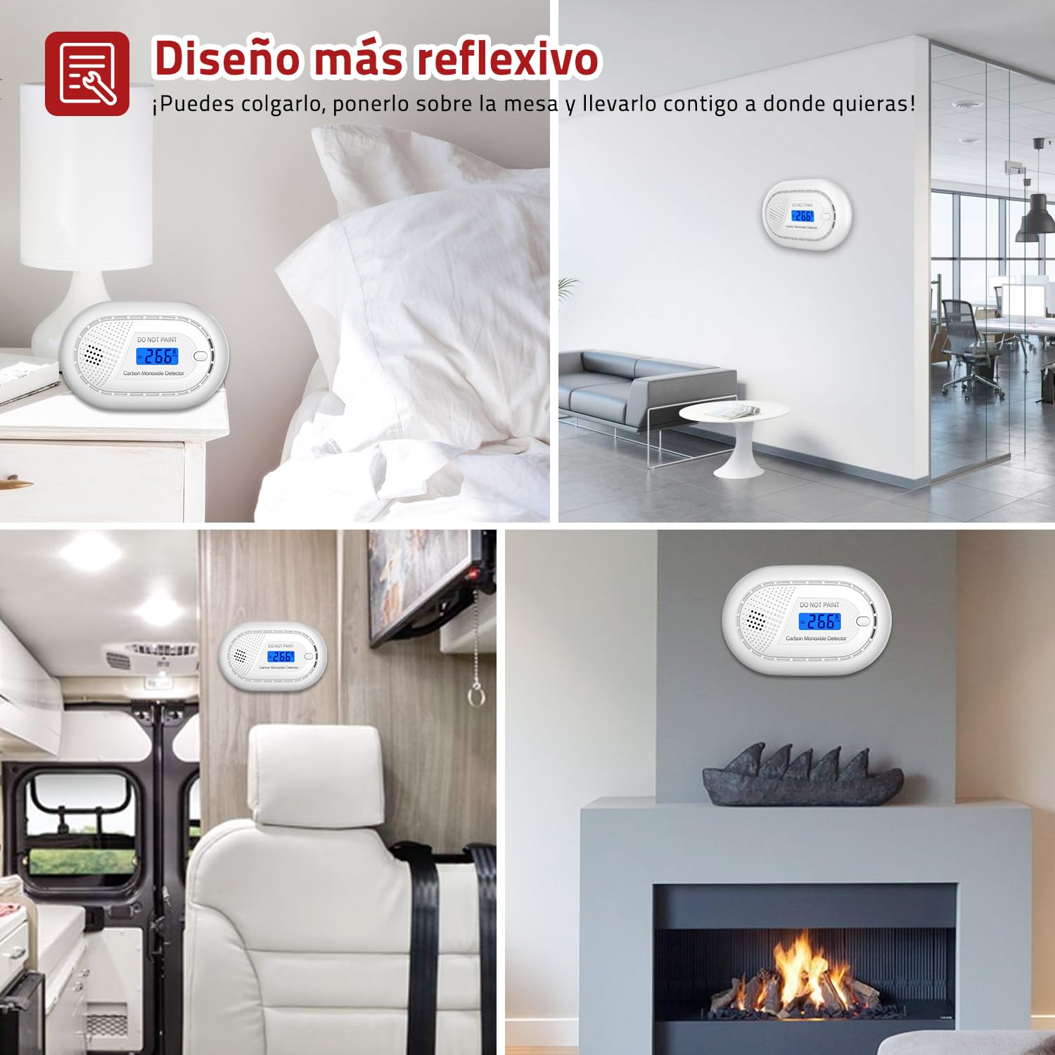 RUNIDUR Detector de Monóxido de Carbono Alarma Portátil con 10 Años de Vida útil, Detector de CO Plano sin Perforar Según Norma Europea EN 50291 para Chimenea Estufa,1 Pieza