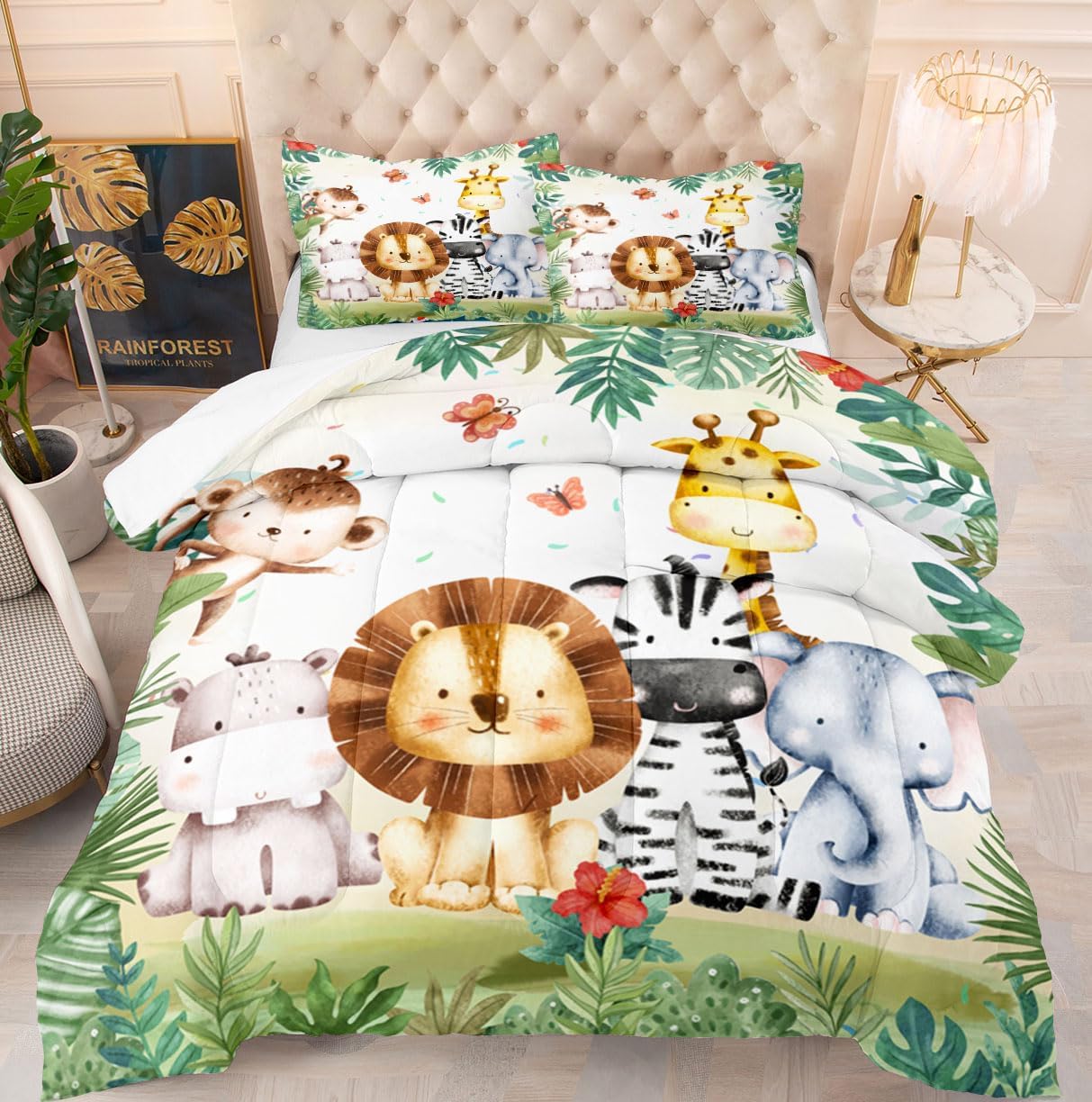 Kids Comforter Set Jungle Safari Animals Printed Pattern Quilt Bedding Set with 1 Comforter and 2 Pillow Covers for Boys Girls Bedroom All Season, King 104x90inches