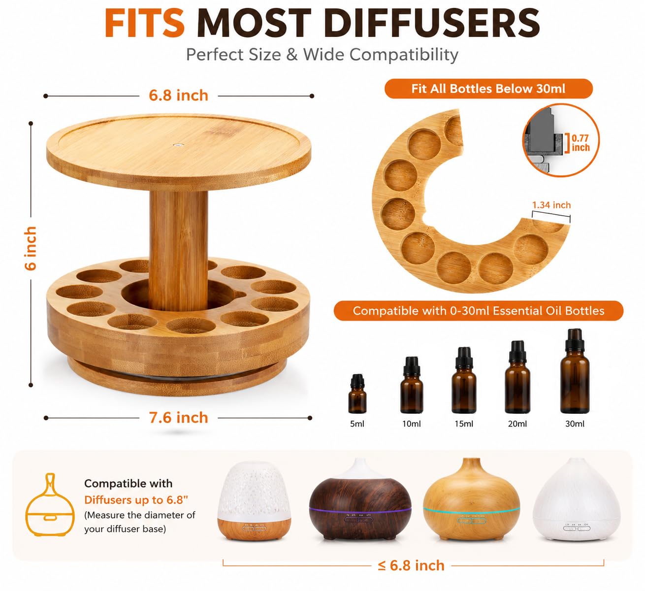 TJ.MOREE Carrousel en Bambou pour diffuseur - 2 Niveaux d'augmentation de Hauteur avec Plateau supérieur pour contenir Le diffuseur, pour Bouteilles d'huiles essentielles de 5 ML, 10 ML, 15 ML, 20 ML