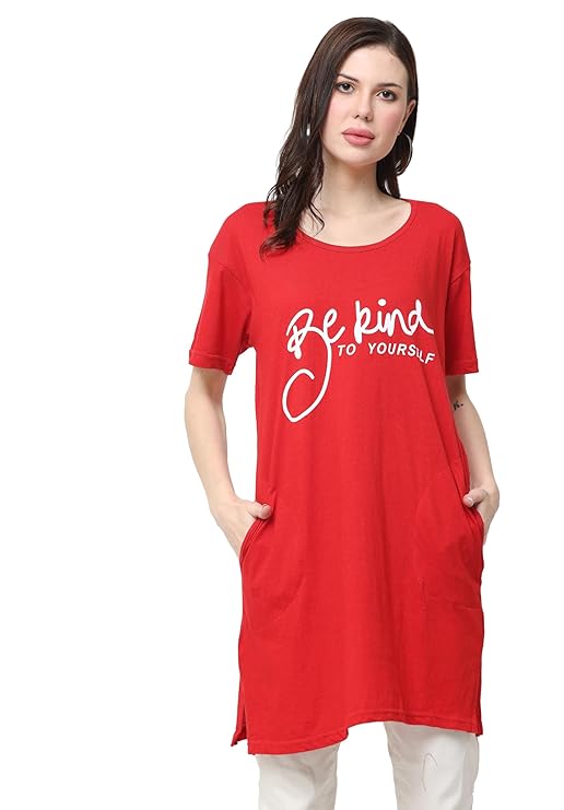 DDASPRATION Women Cotton Printed Long Pocket T-Shirt – RED-BEKIND
