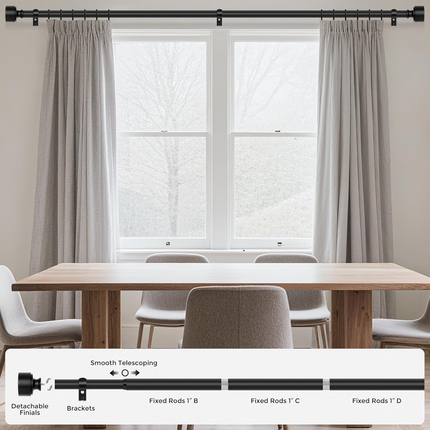 Black Curtain Rods for Windows 72 to 144 Inch(6-12ft), 1 Inch Diameter Heavy Duty Curtain Rod, Adjustable Decorative Drapery Poles 72-144", Matte Black