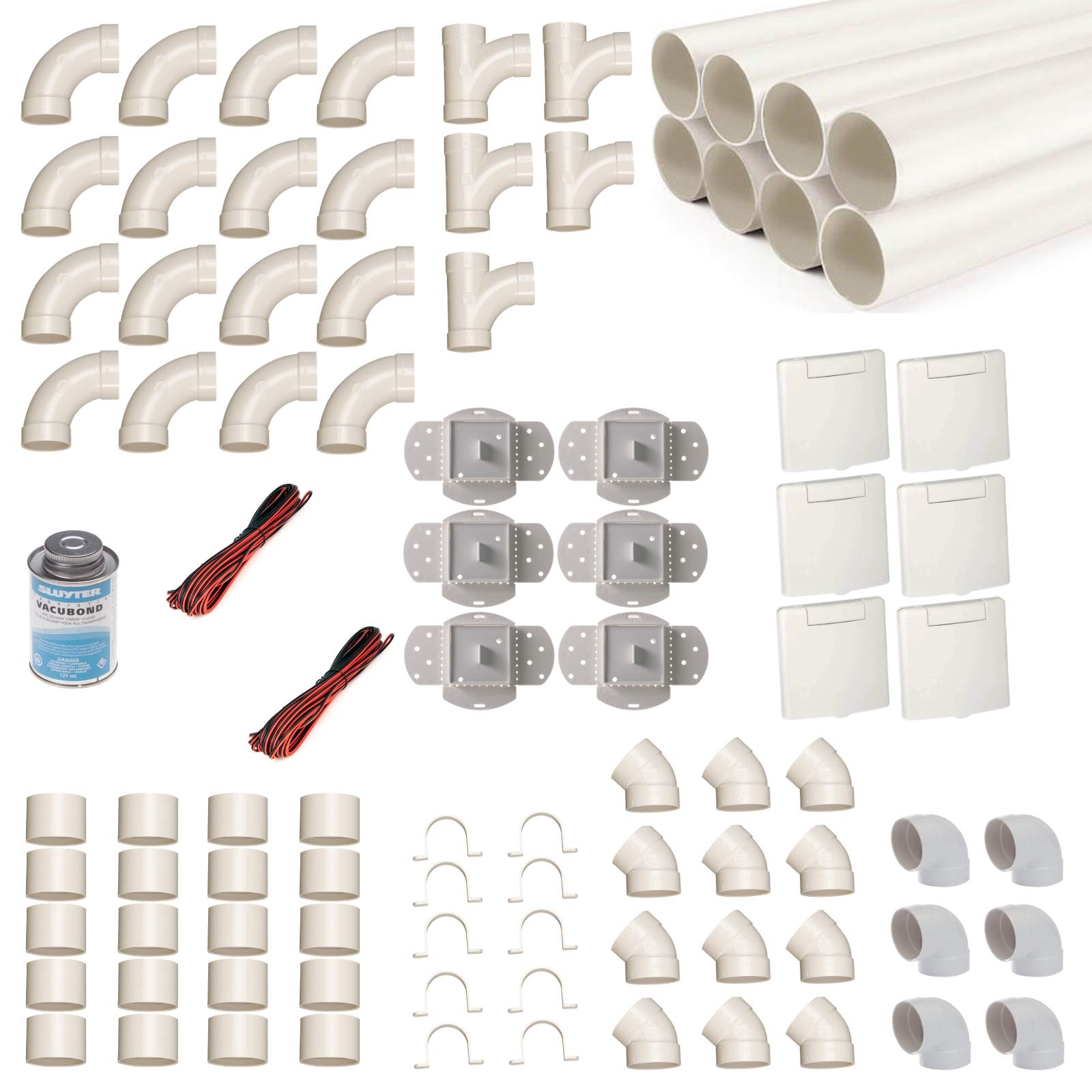Kit de montage pour aspirateur central pour 6 prises d'aspiration avec tuyaux, Fittings & Co. - Kit de montage pour l'installation d'un système d'aspirateur - Prise d'aspiration VEX-S carrée
