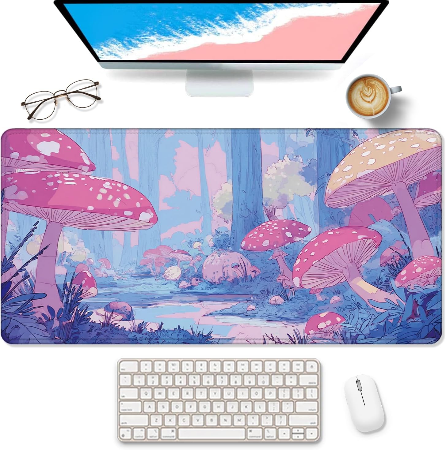 Fantasy Mushroom Forest Large Mouse Pad Desk Mat, Whimsical Fairytale Forest Extended Gaming Mousepad, Non-Slip Desk Pad for Home Office Work, 31.5x15.7 Inch