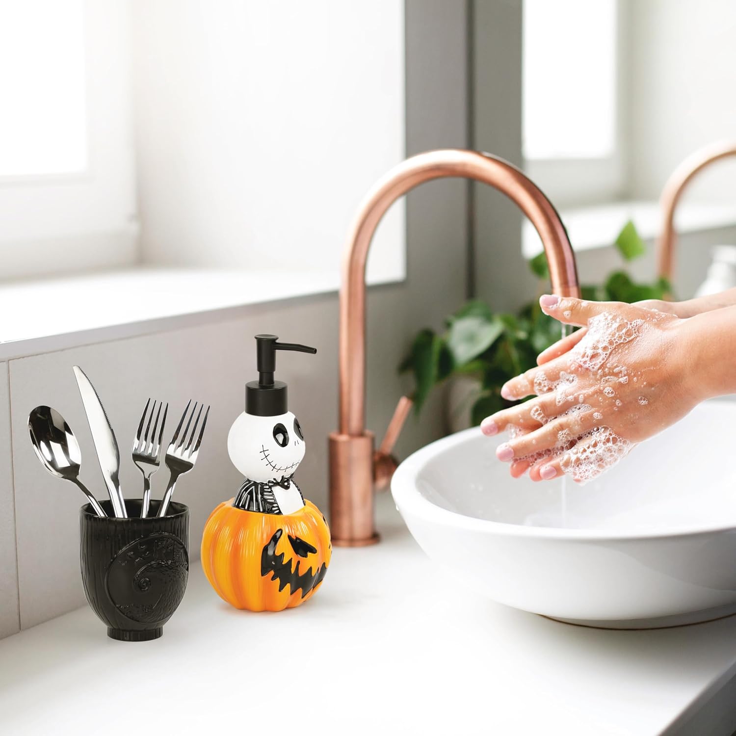 Jay Franco Disney Nightmare Before Christmas Bathroom Soap Dispenser Set - 2 Piece Black and White Collection Includes Resin Lotion Pump and Tumbler Cup - Bathroom Décor