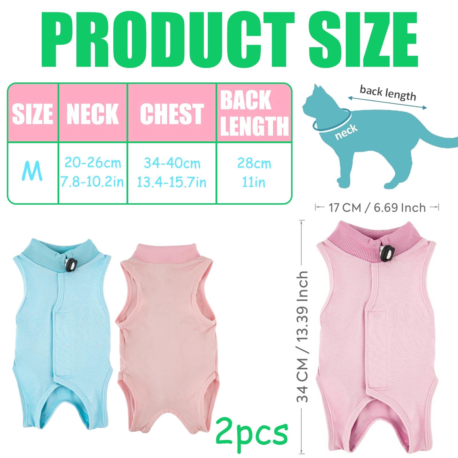 2 Combinaisons de Récupération pour Chat, Vêtement Post-Opératoire pour Chats Femelles, Tissu Modal Doux et Respirant, Rose & Bleu, Taille M (Chats de 2-4KG)
