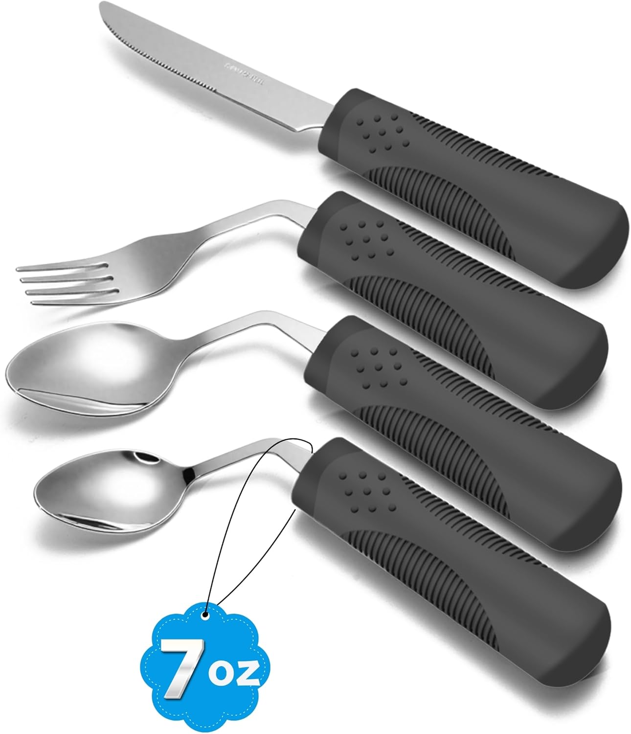 Adaptive Utensils (4-Piece Set) Weighted 7 oz - 42° Angled Utensils for Parkinson's Patients, Hand Tremors, Arthritis & Elderly - Eating Utensils for Elderly (Black: Right Handed)