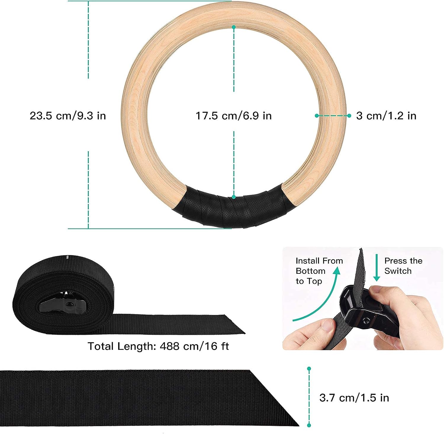 UNICLI Sports Gymnastic Rings with Adjustable Straps, Industrial-Grade Buckle, 1.2 Inch Wooden Rings, 16.5ft Long Numbered Straps, Perfect for Strength and Cross-Training, Home Gym Full Body Workout : Sports & Outdoors